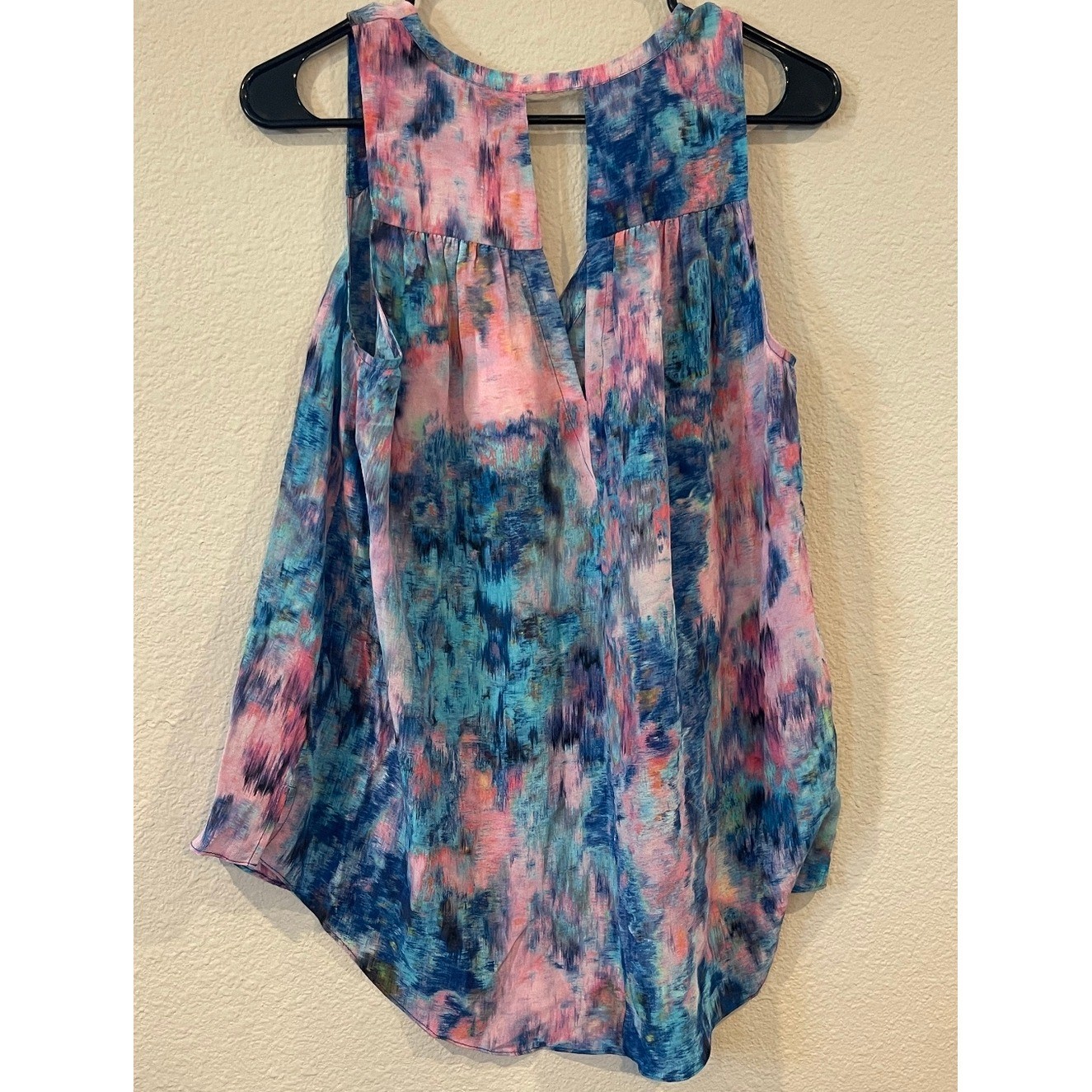 NWT REBECCA TAYLOR Vintage Y2K Pink Blue Watercolor Silk Sleeveless V Neck Top