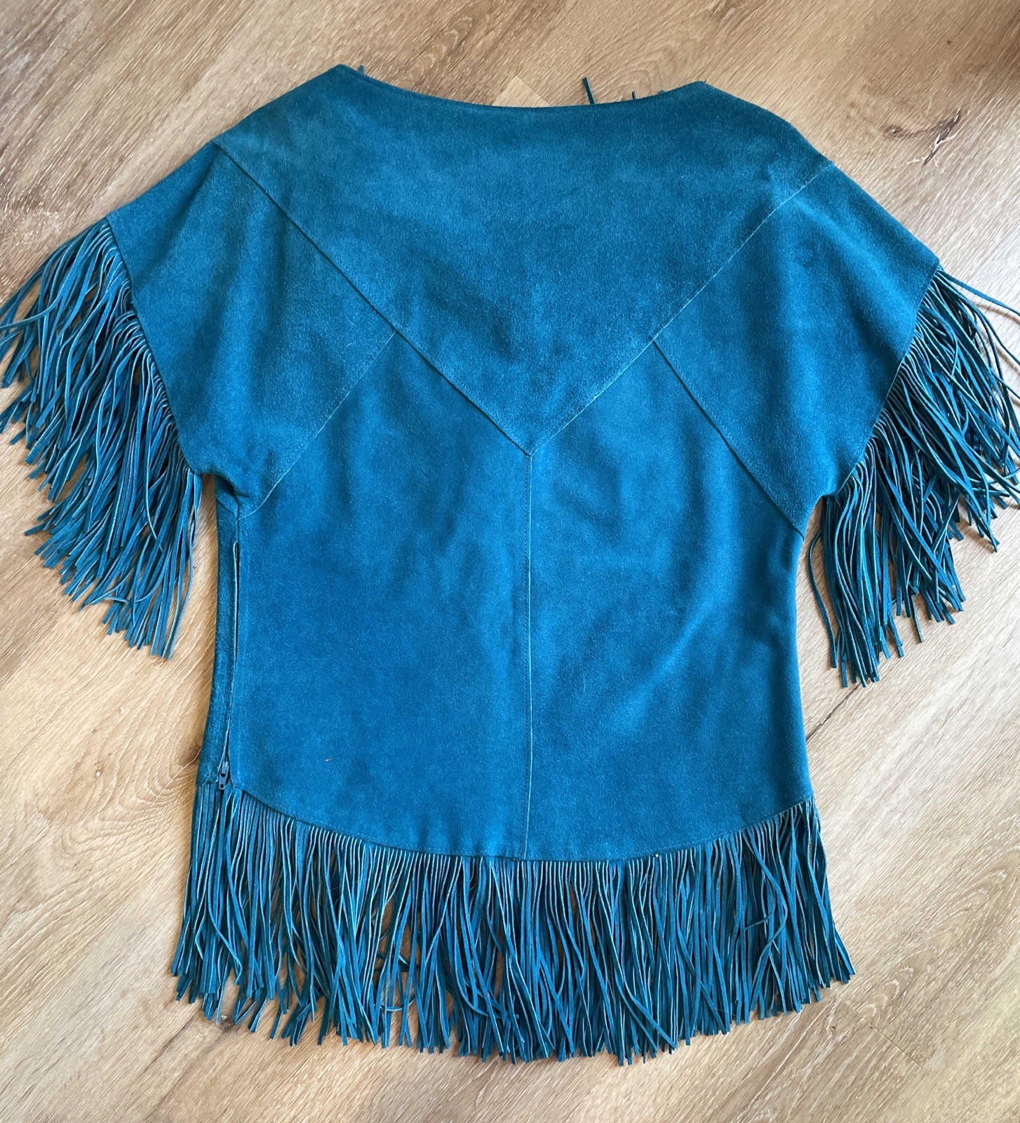 Vintage Pioneer Wear Teal Blue Fringe Suede Poncho Jacket Top Women’s S Western