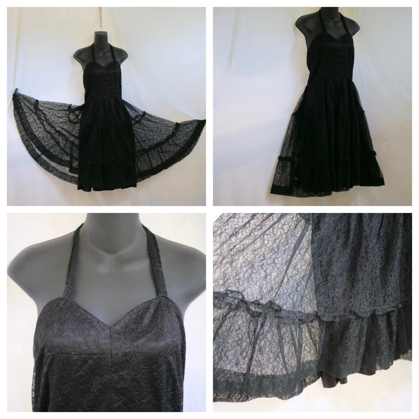 vtg 50s Black Lace Halter Tiered Full Swing Dress Satin Lining 26″ Waist S Party