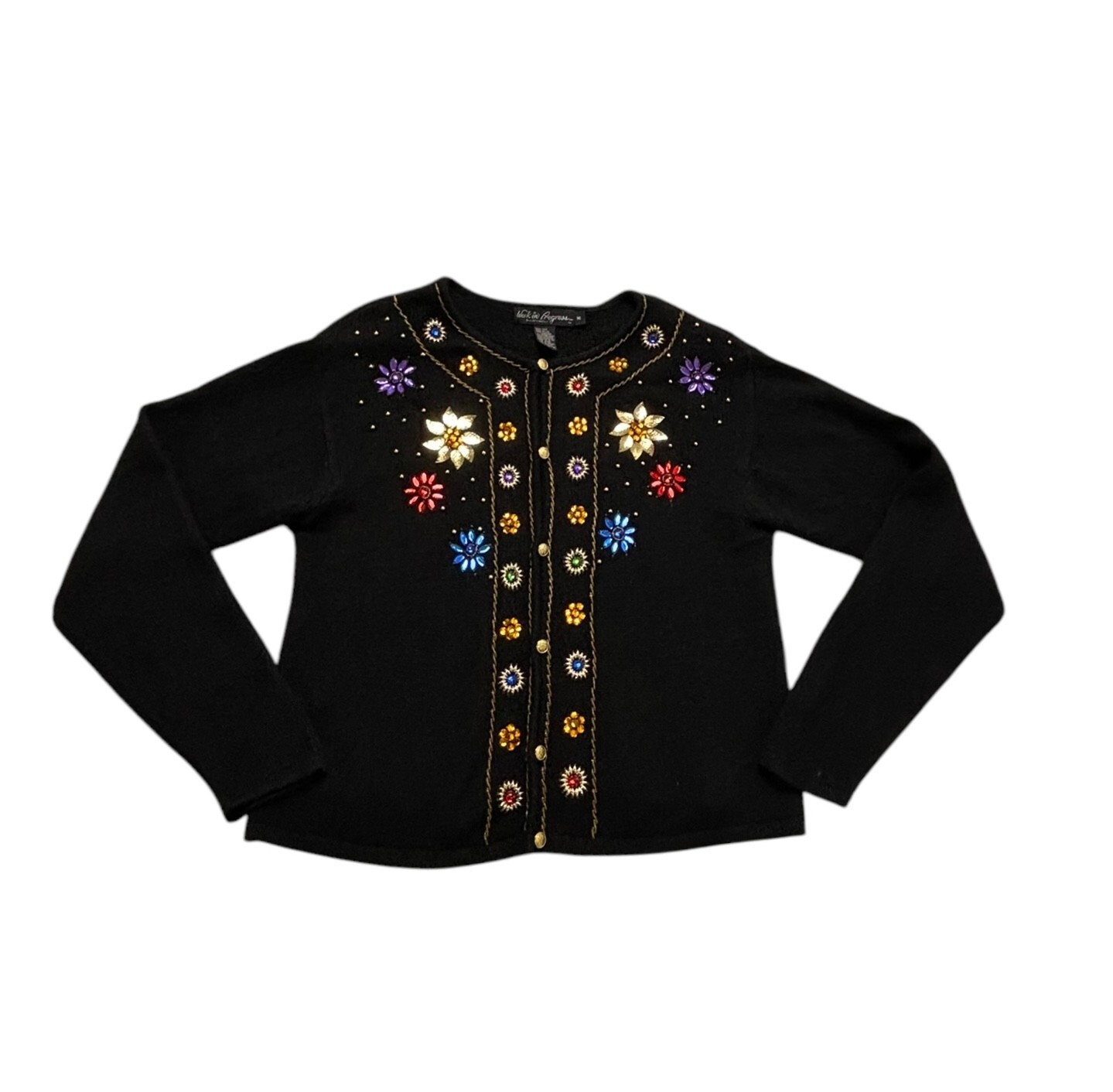 Vintage 80s Black Silk Angora Lambswool Blend Beaded Floral Cardigan Sweater M