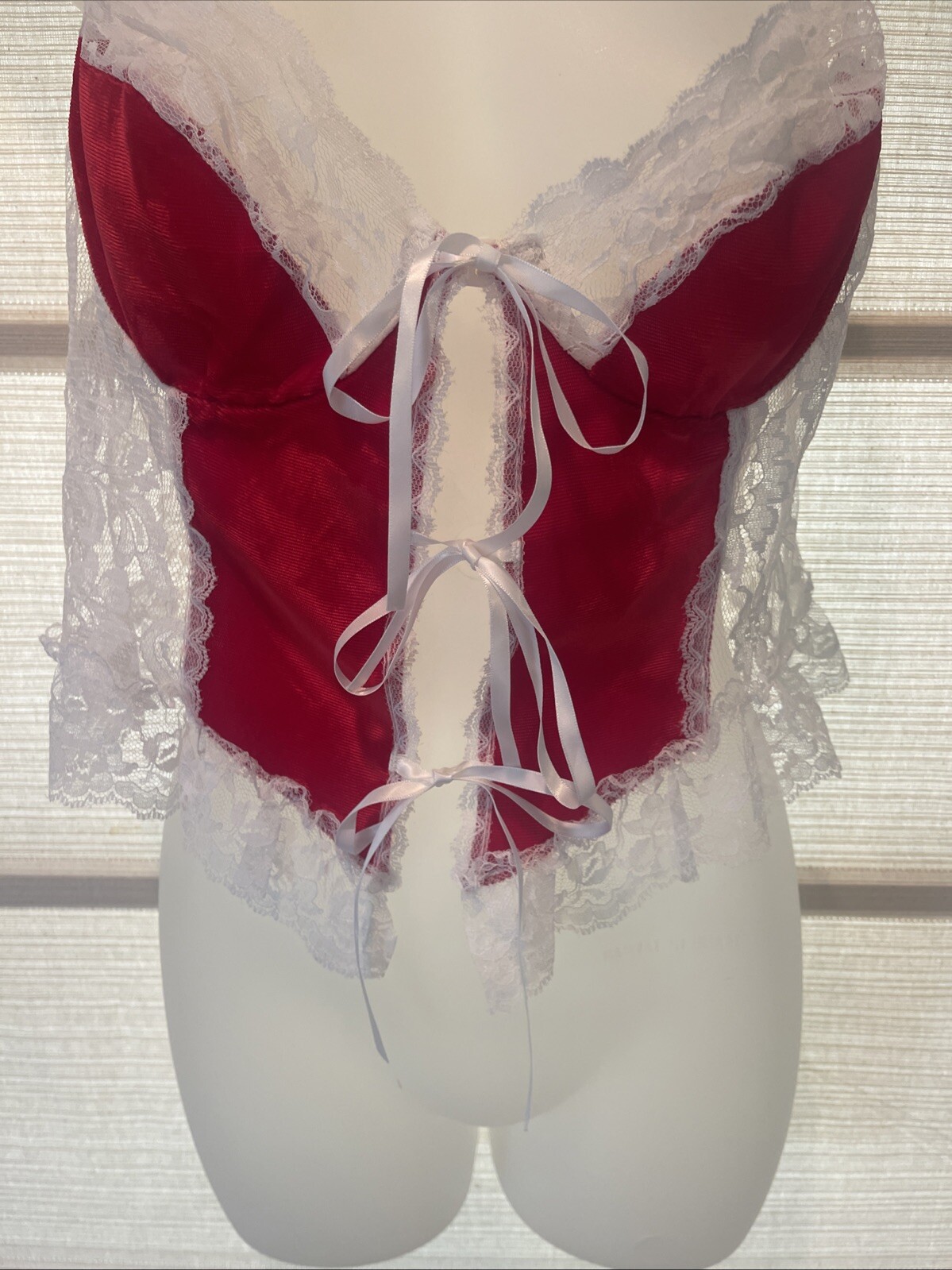 Y2K Fredrick’s of Hollywood Red Velvet W/ White Lace Ribbon Ties Bustier Size L