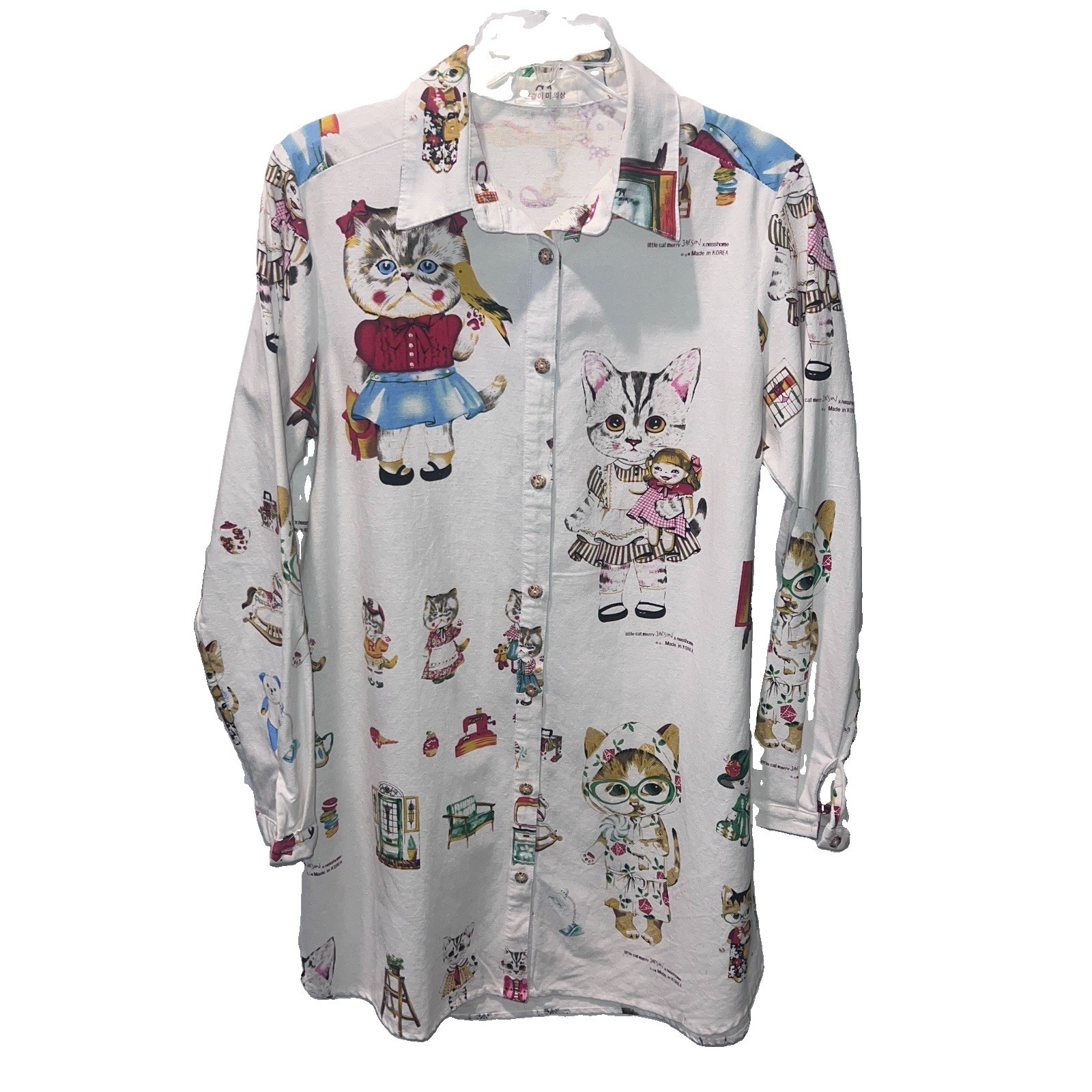 Vintage 80s 90s Cat Print Button Up Shirt Made in Korea Novelty Kitsch Blouse