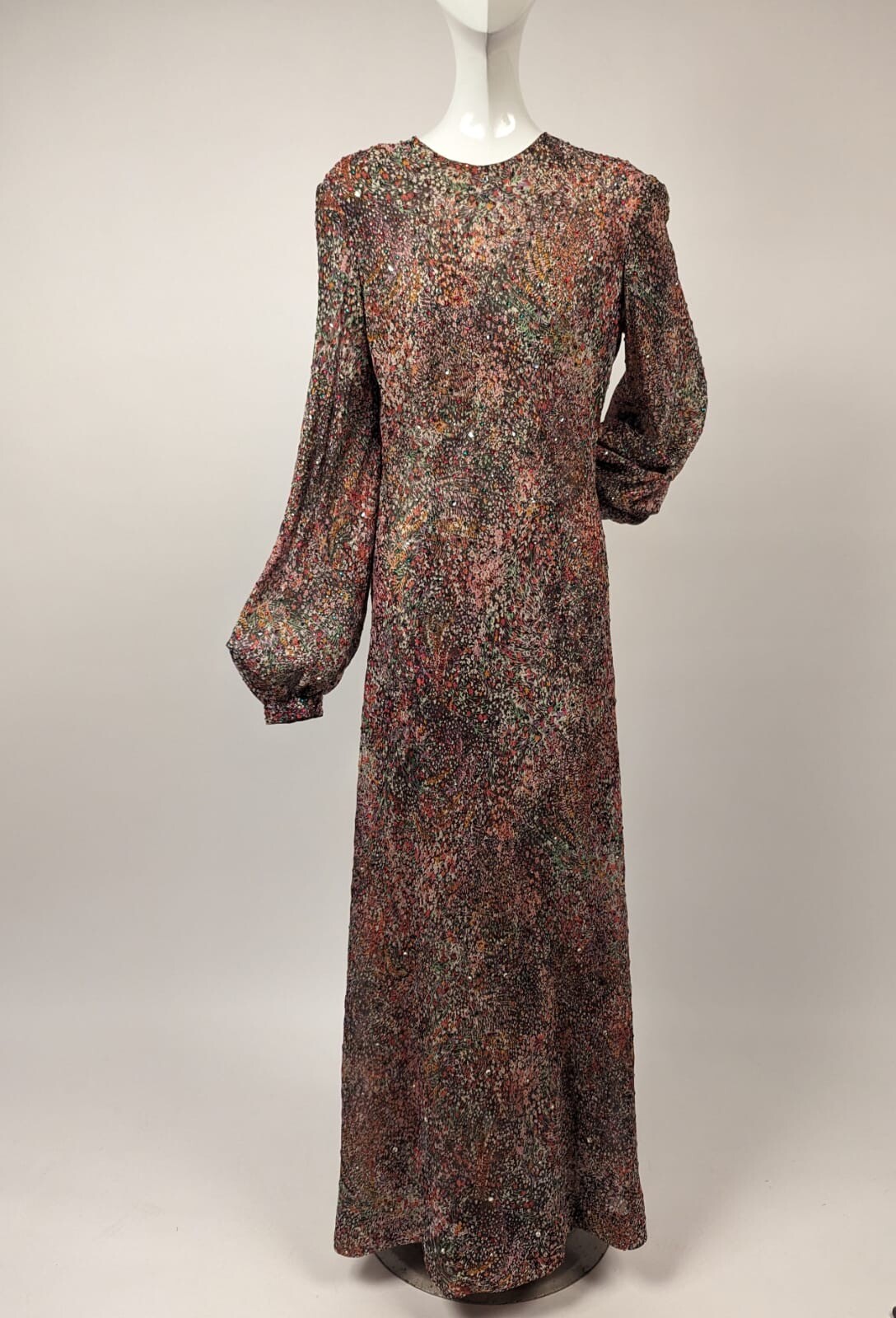 VINTAGE 1970’S PAULINE TRIGERE FLORAL SILK JERSEY BIAS DRESS W COLOR RHINESTONE