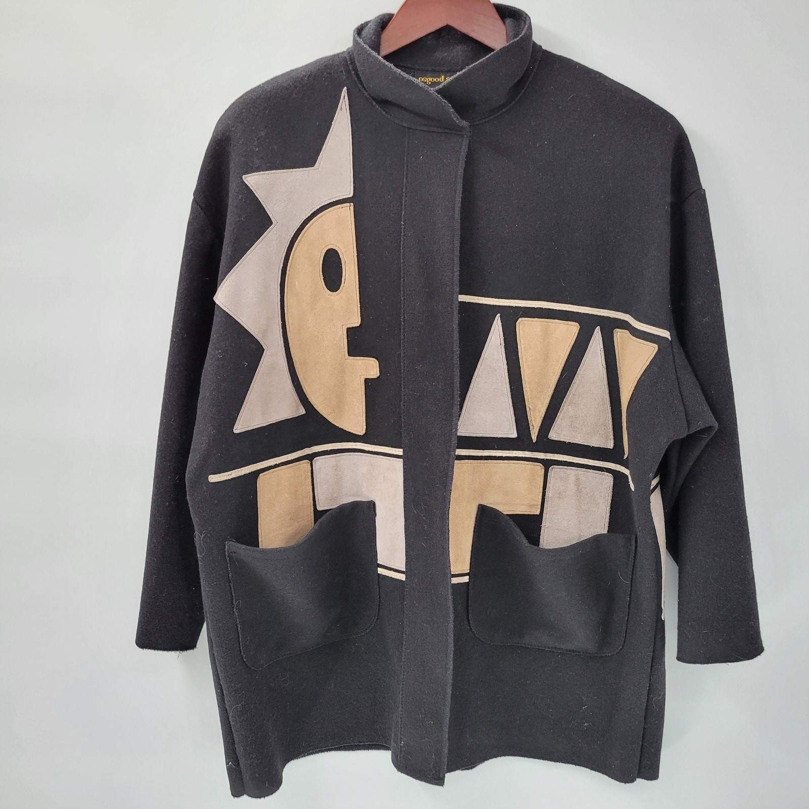 Vintage Osgood Smük Jacket Womens OS Black Felted Wool Beige Suede Sun Coat 80s