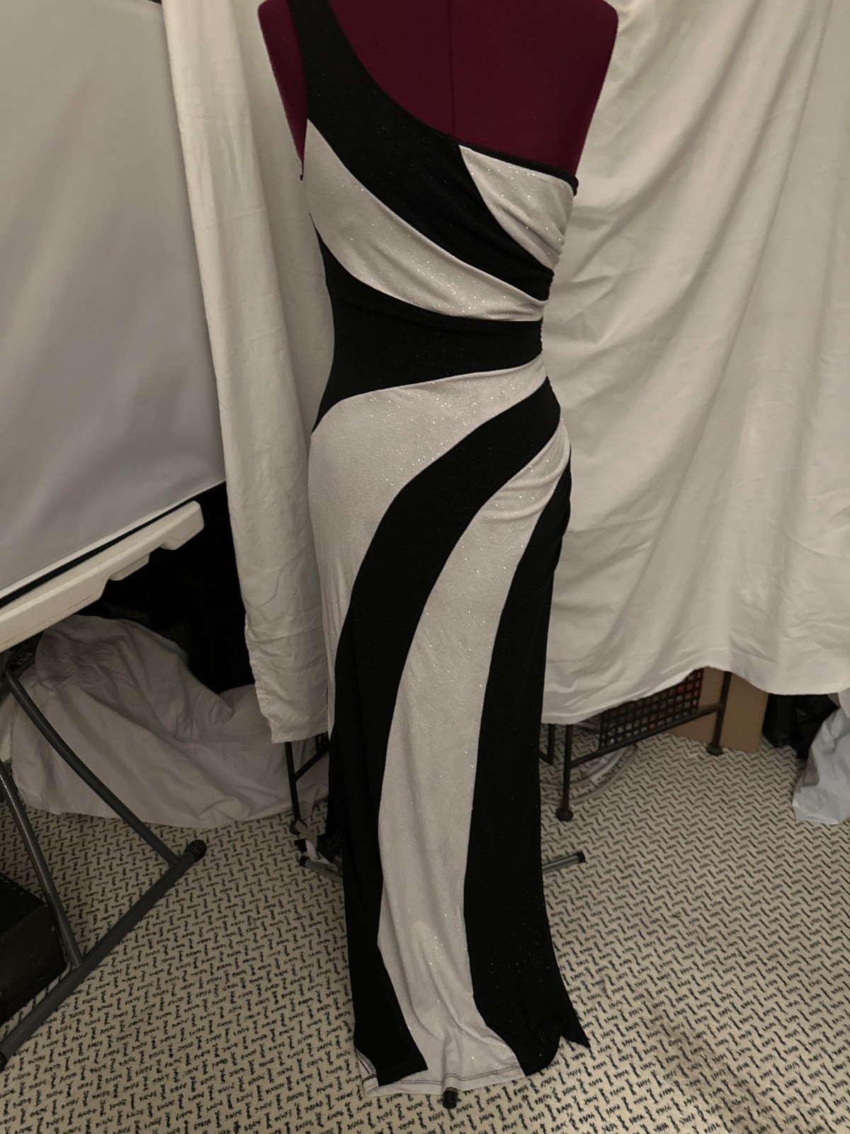 Vintage COXO womans Black & White long Gown side slits of the shoulder one strap