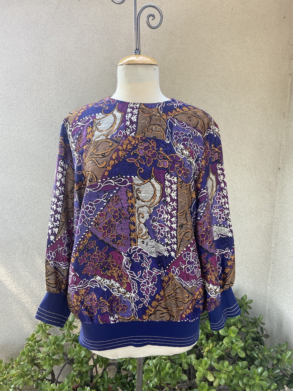 Vtg Top 80s long purple blue print Jo Hanna York Med