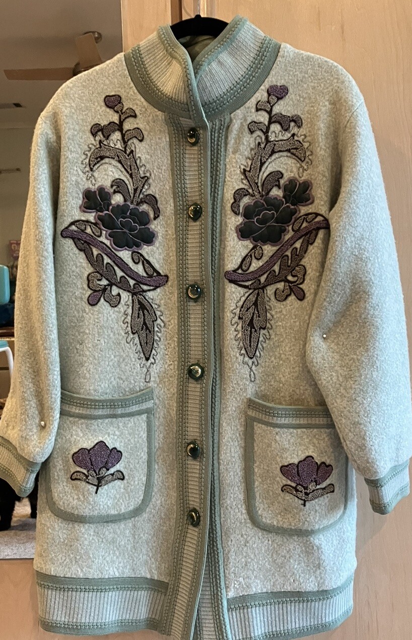 Vtg 80s Wool Cardigan Sweater Lined Embellished Embroidered Appliquéd Large
