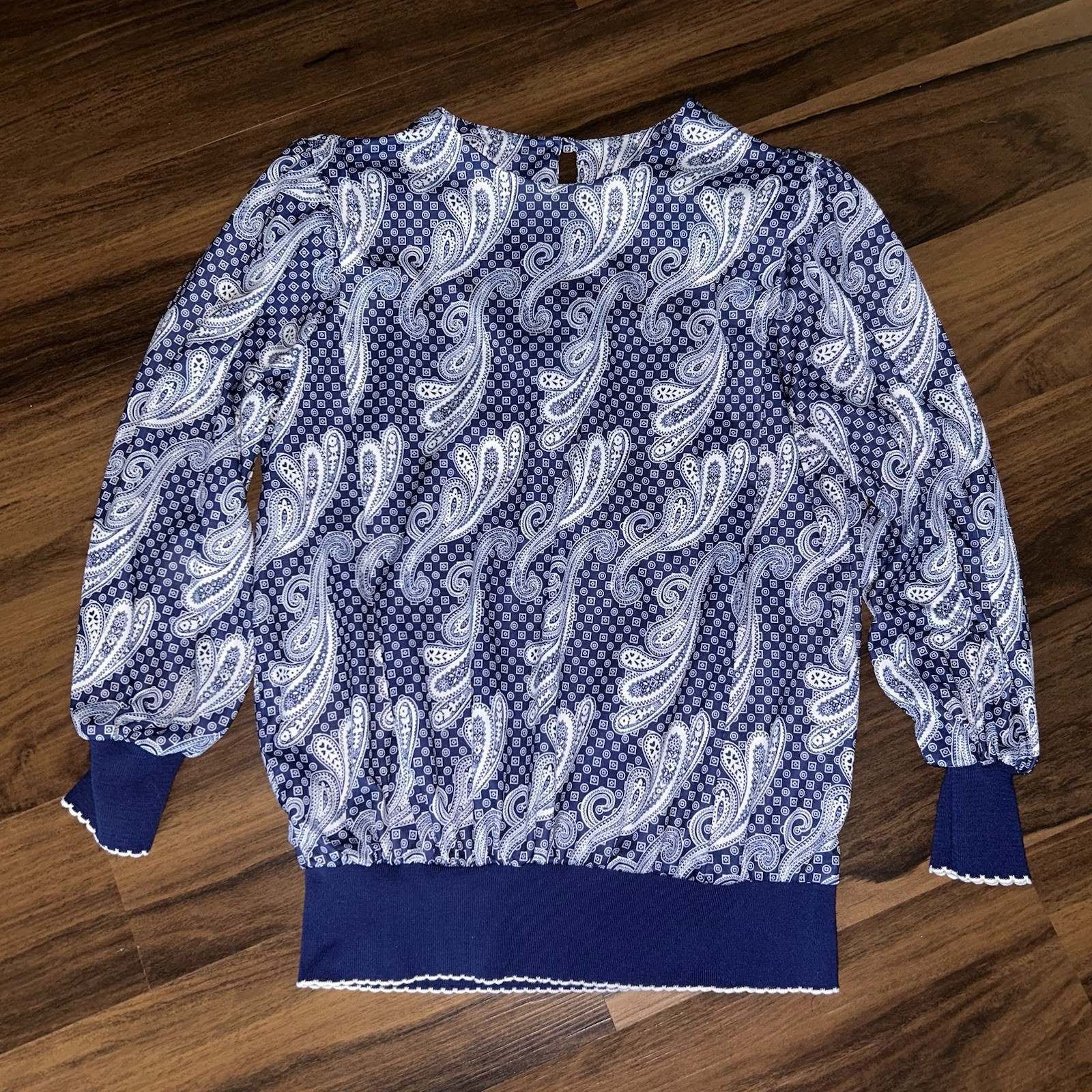 VINTAGE Earth Angel Paisley Pleated Skirt & Blouse Set USA Made Blue White 16W