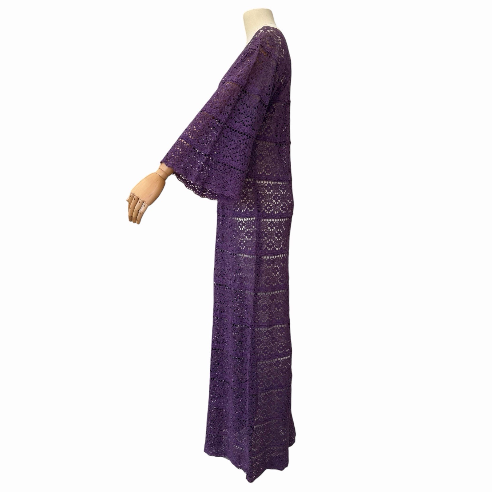 VTG 1960’s Cotton Crochet Maxi Dress, Grape Goddess, Bell Sleeves
