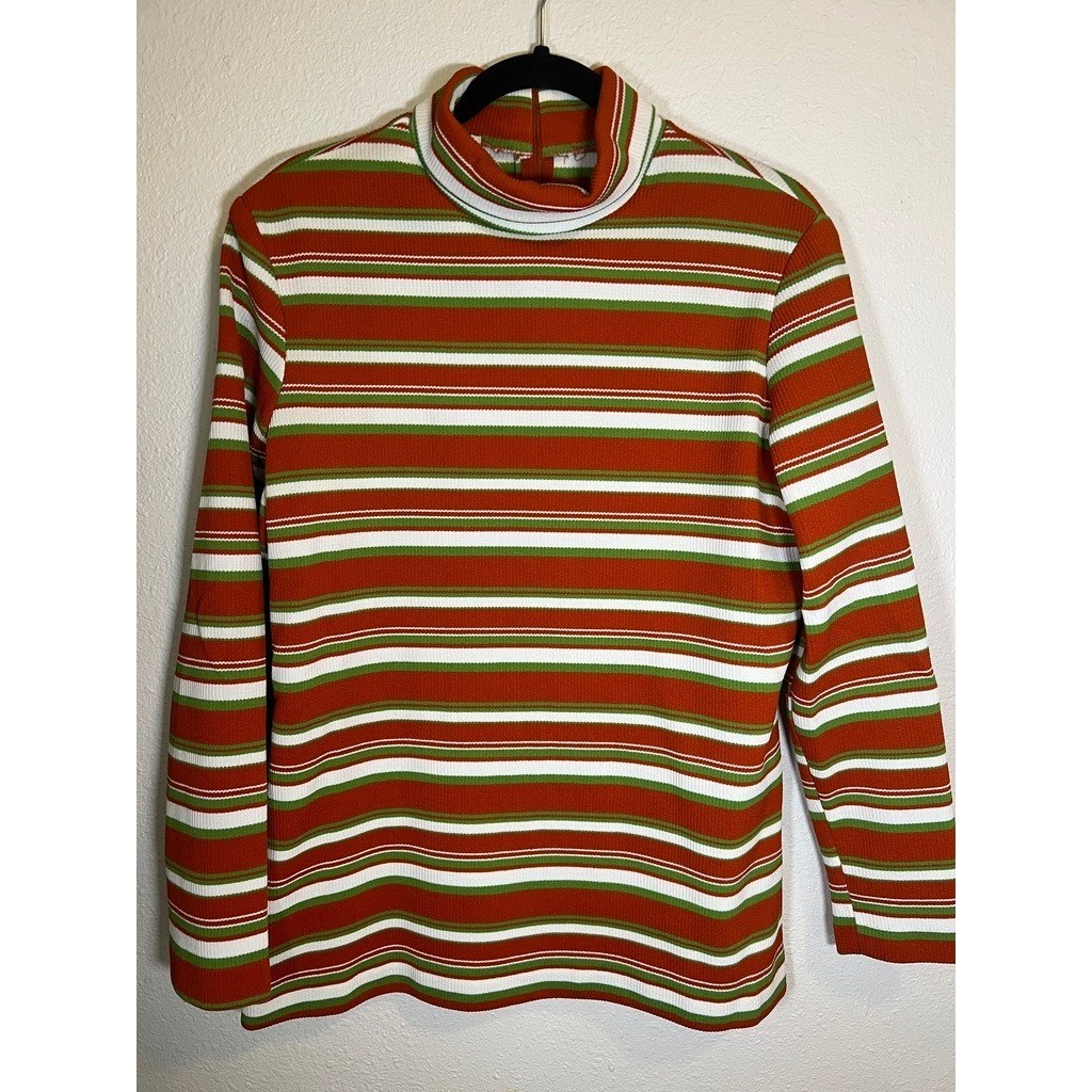 Vintage Mock Turtleneck Top M Striped 1970s Zip Ribbed Knit Poly Orange Green