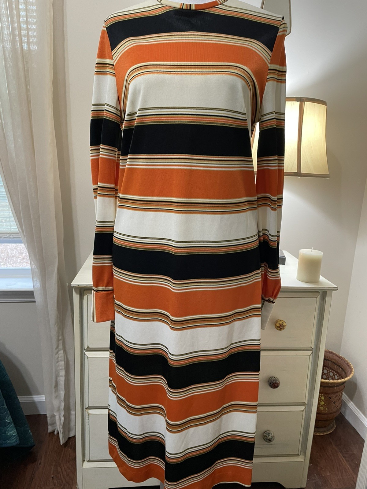Hand Sewn Vtg 70s Midi Dress Orange Brown Yellow Sm/6 Long Sleeve Back Zipper **