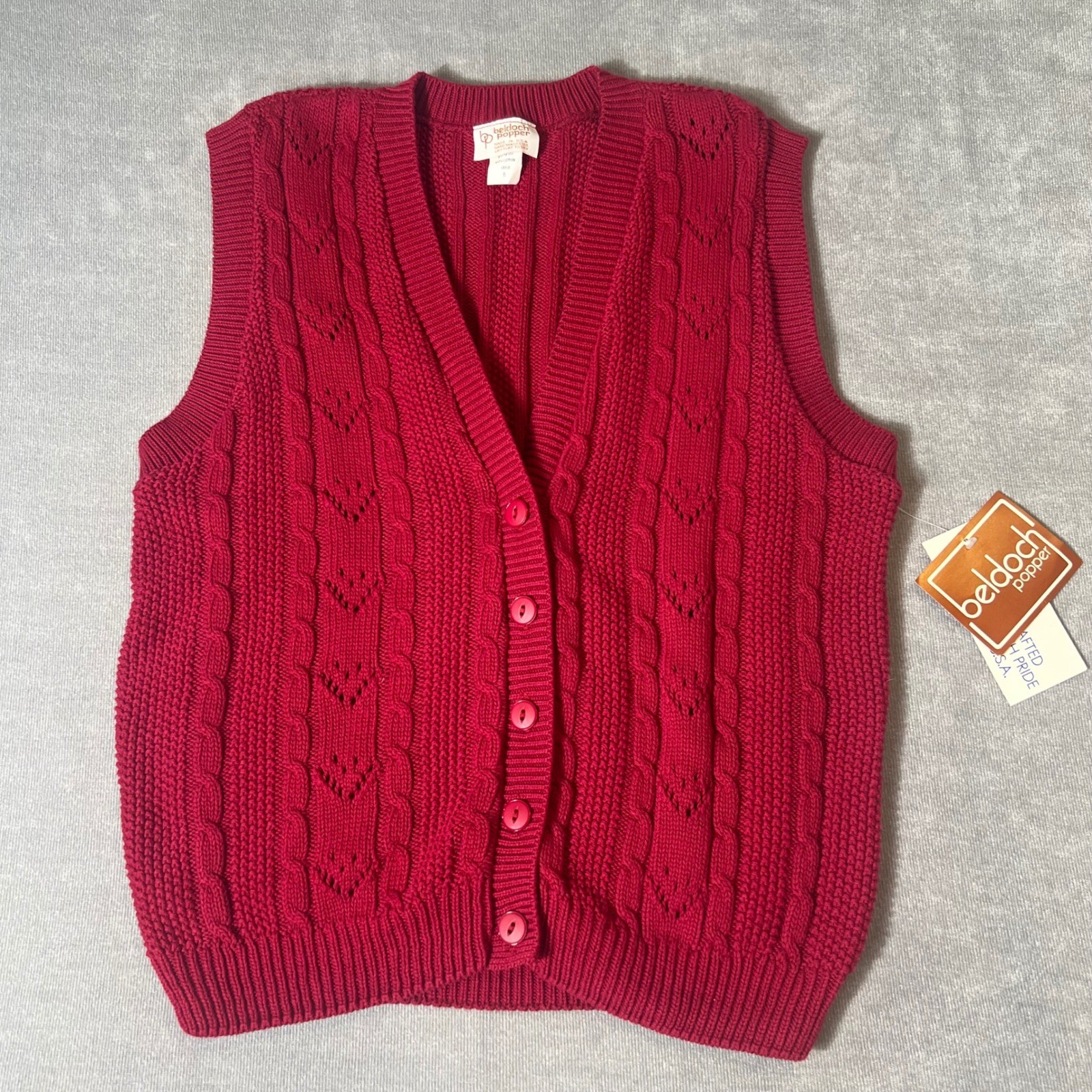 Vintage Beldoch Popper Red Cable Knit Button Front Sweater Vest Large 8 NWT