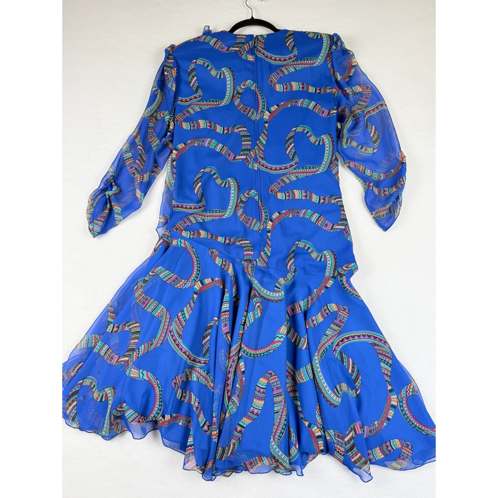 Siasia Dress Womens 10 Blue Geometric Vintage 80s Chiffon Party Statement Bold