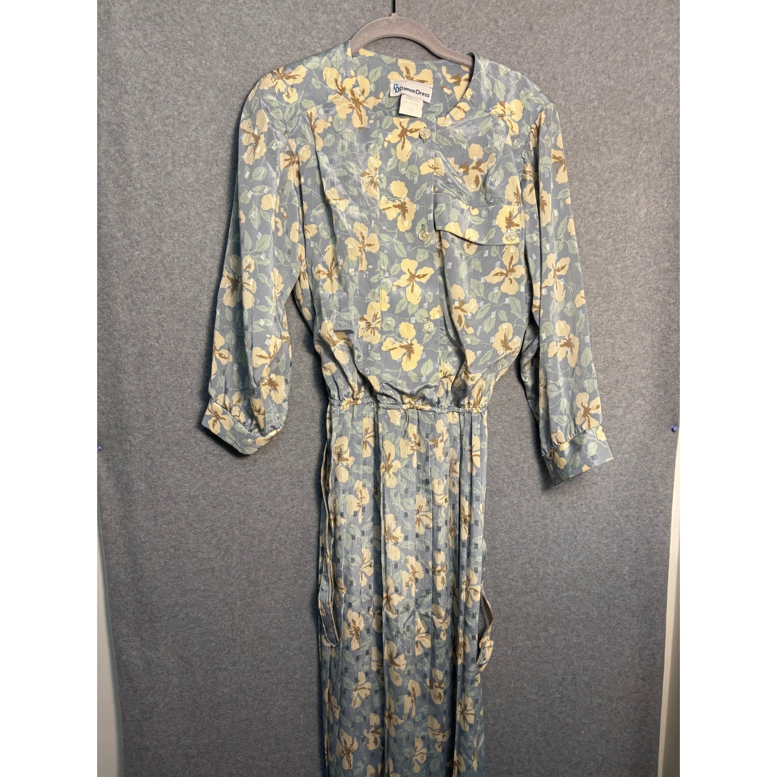 Vintage Damon Dress Floral Midi Blue Cottagecore Belted Prairie Romantic USA