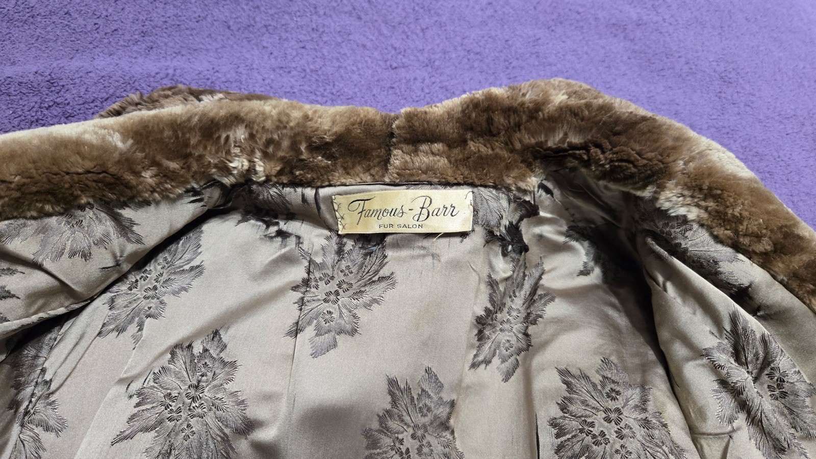 Famous-Barr Brown Vintage Beaver Fur Coat with Patterned Lining, Women’s Regular