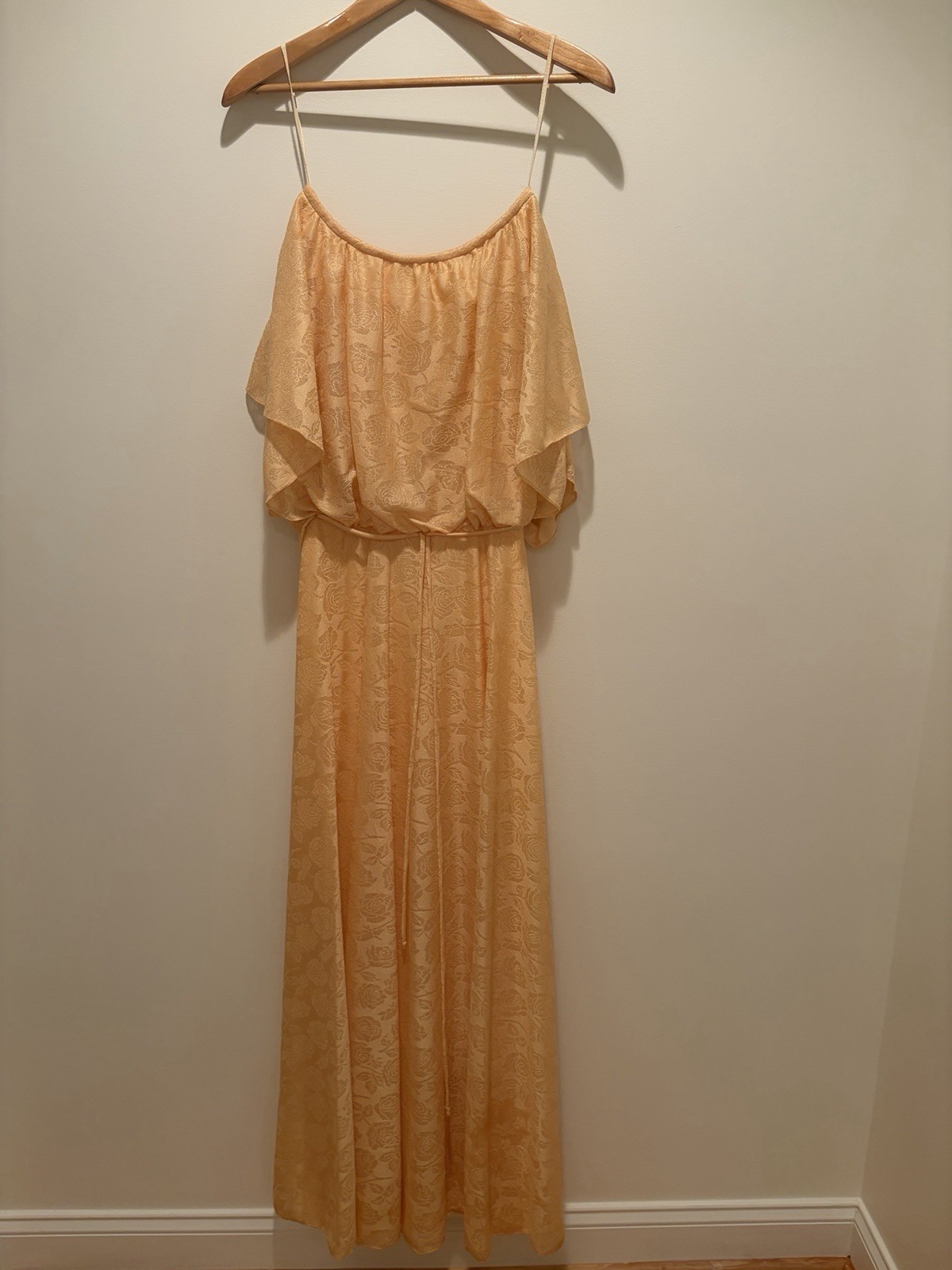 Vtg 70s-80’s Gold Rose Overlay Blouson Maxi Dress Floral Prairie Romantic
