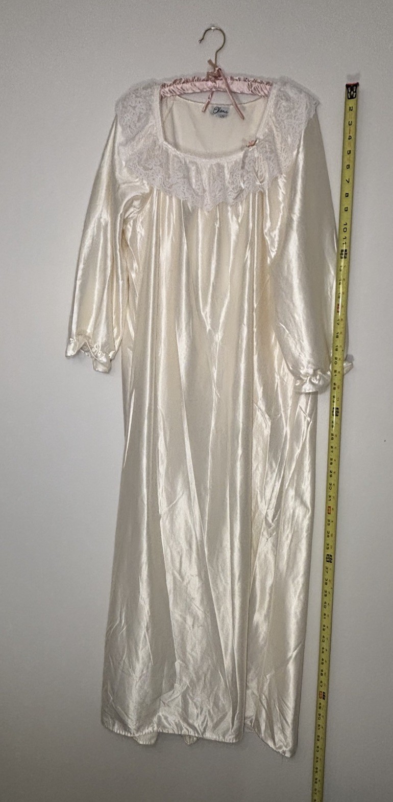 Vintage70’s Elana Cream Brushed Luster Satin Nightgown Ruffle Lace Trim Blue M