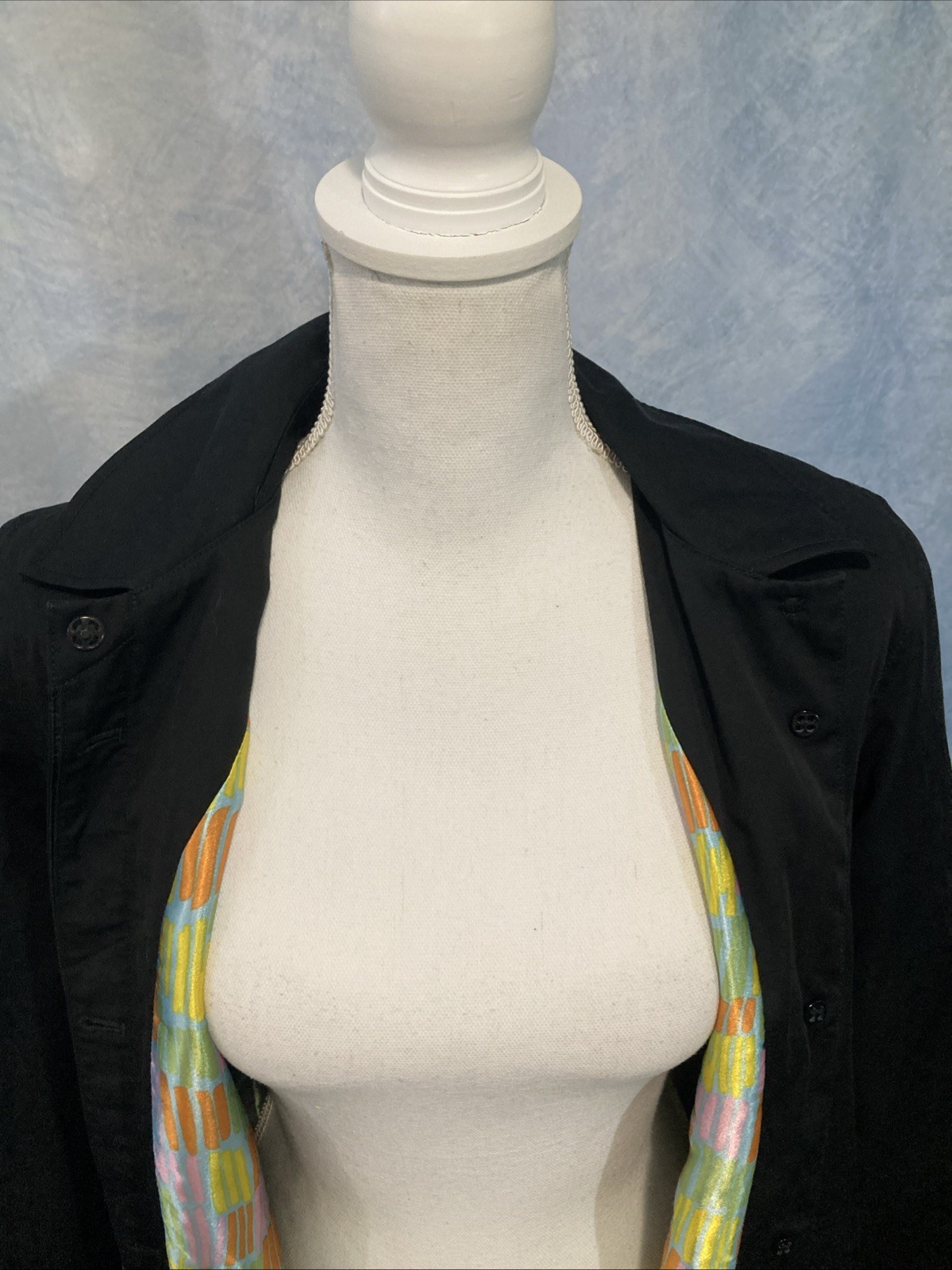 Vtg Y2K Jones New York Black Trench Coat Rain City Colorful Geometric Lining M