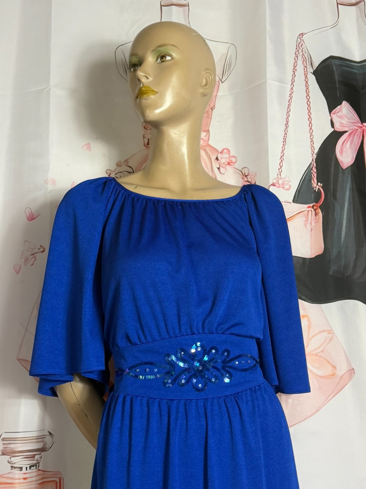70s maxi dress evening dress Höpfner Jeunesse vintage royal blue cape sleeves 42 44