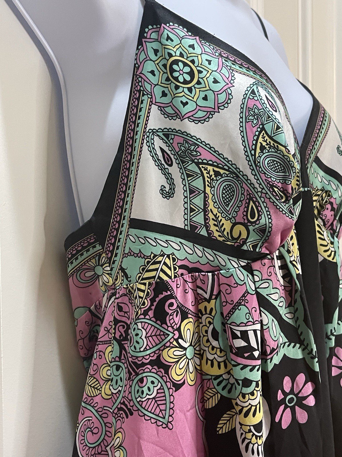 Vintage Y2K Ice Pink & Black Satin Slip Dress Paisley Spaghetti Straps Size 14