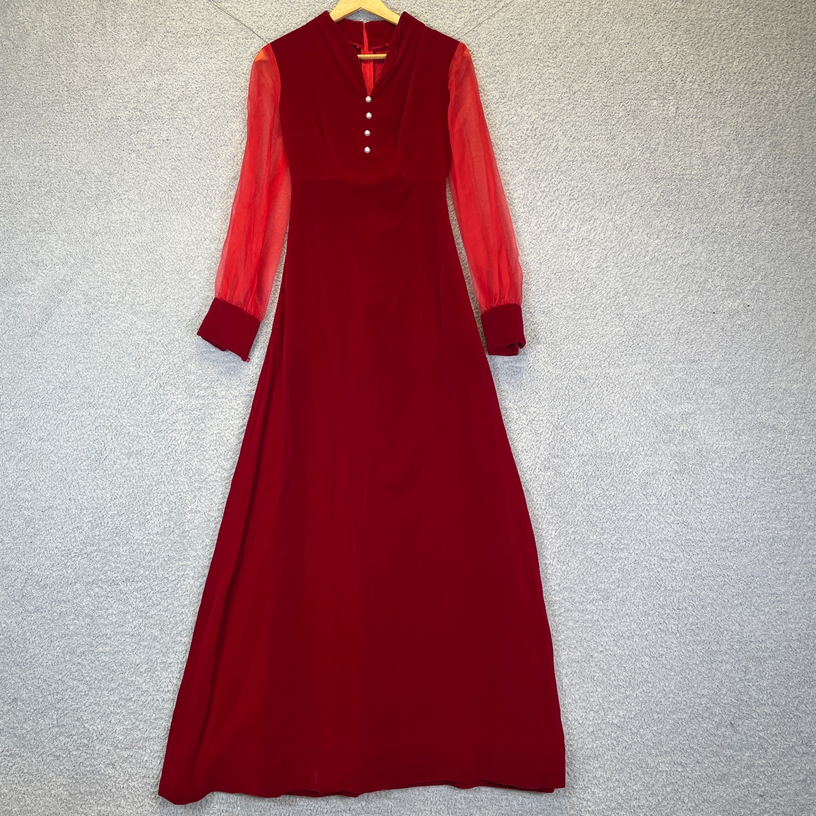 Vintage 70’s Victorian Revival Red Velour Holiday Dress Sheer Bishop Sleeves XS