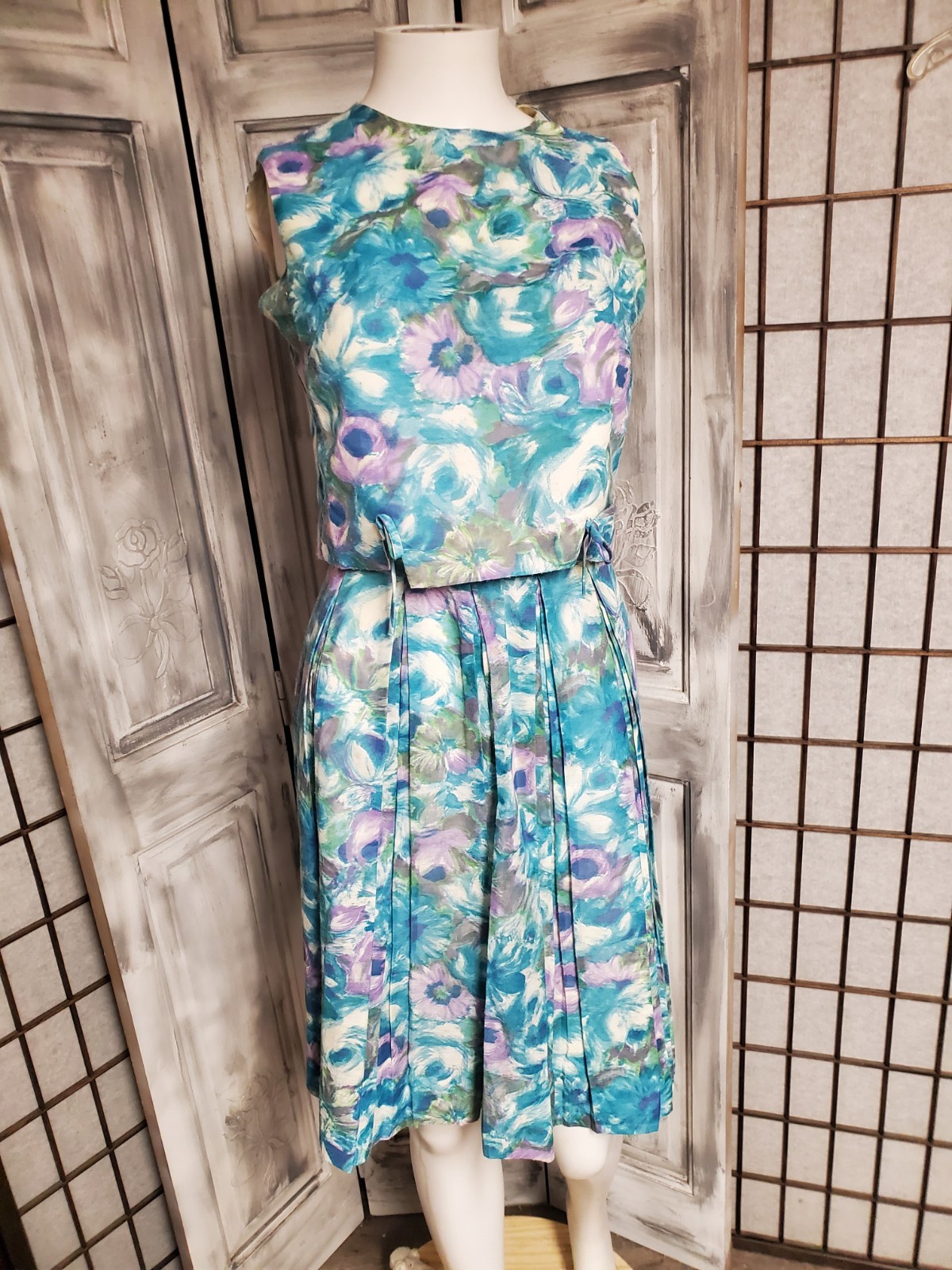 VTG 50s 60s Skirt Button Up Back Top 2 Pc Set Floral Beach Playsuit XS Sundress