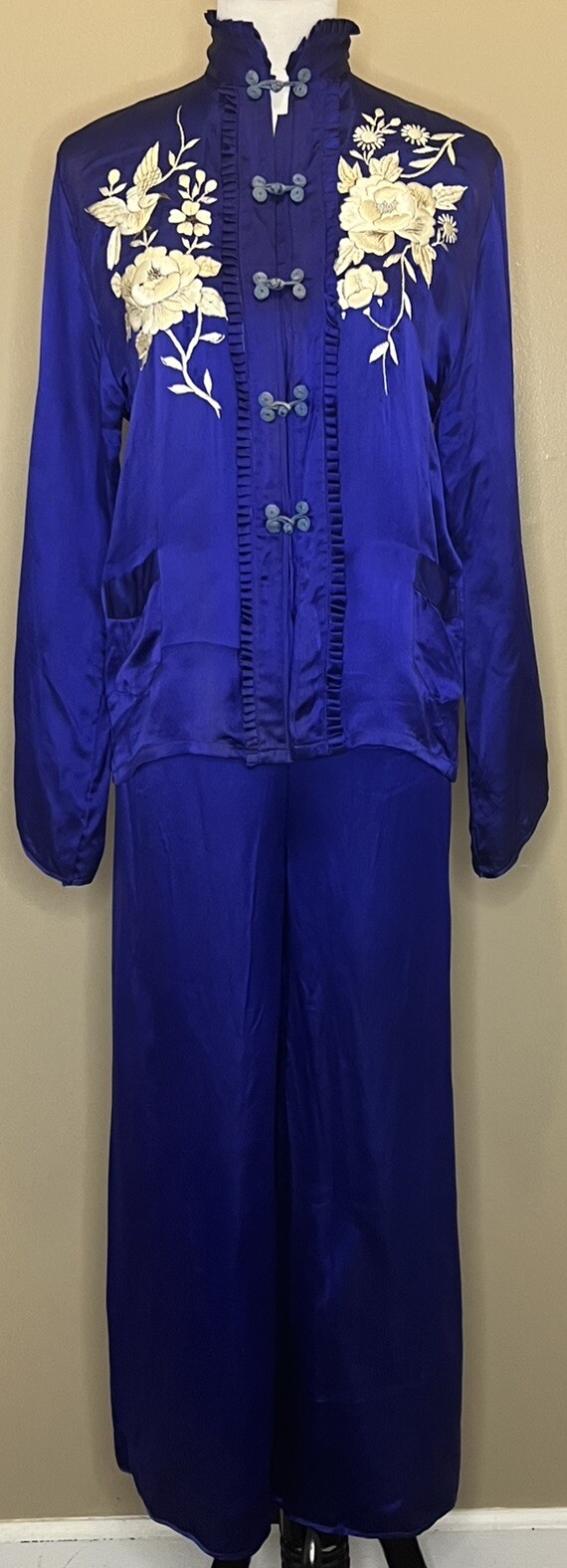Vtg 50s Japan Quilted Jacket Lounge Set Embroidered Blue Satin Sun Bros Asian