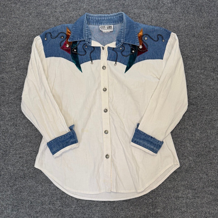 Vintage City Girl Petites Denim and Cotton Western Shirt – Size S