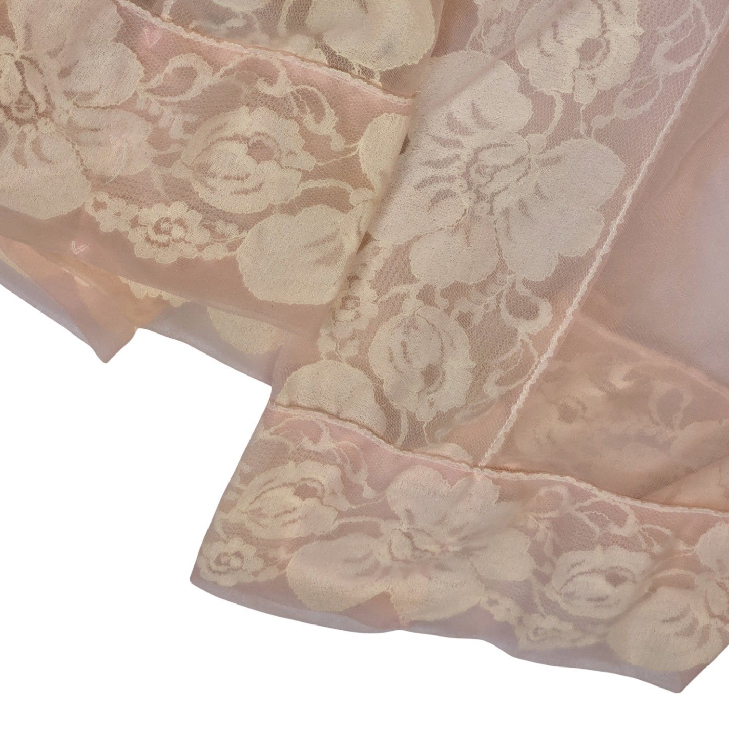 VTG 60s Pastel Pink Sheer Lace Trim Robe Puff Sleeve Chiffon Lingerie M Coquette