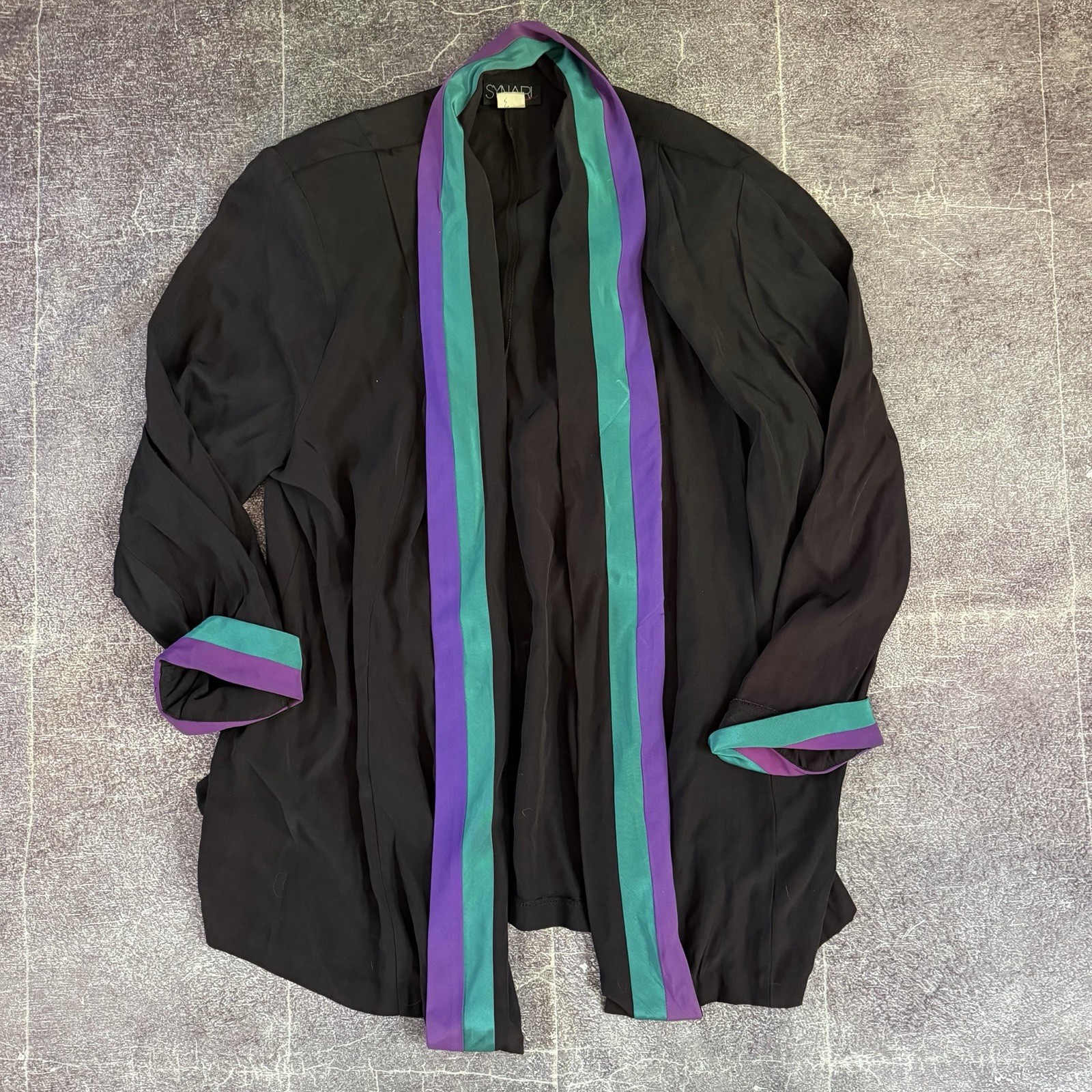 Women’s Vintage 80s Synari USA Black Purple Green Kimono Open Duster Shirt Sz 16