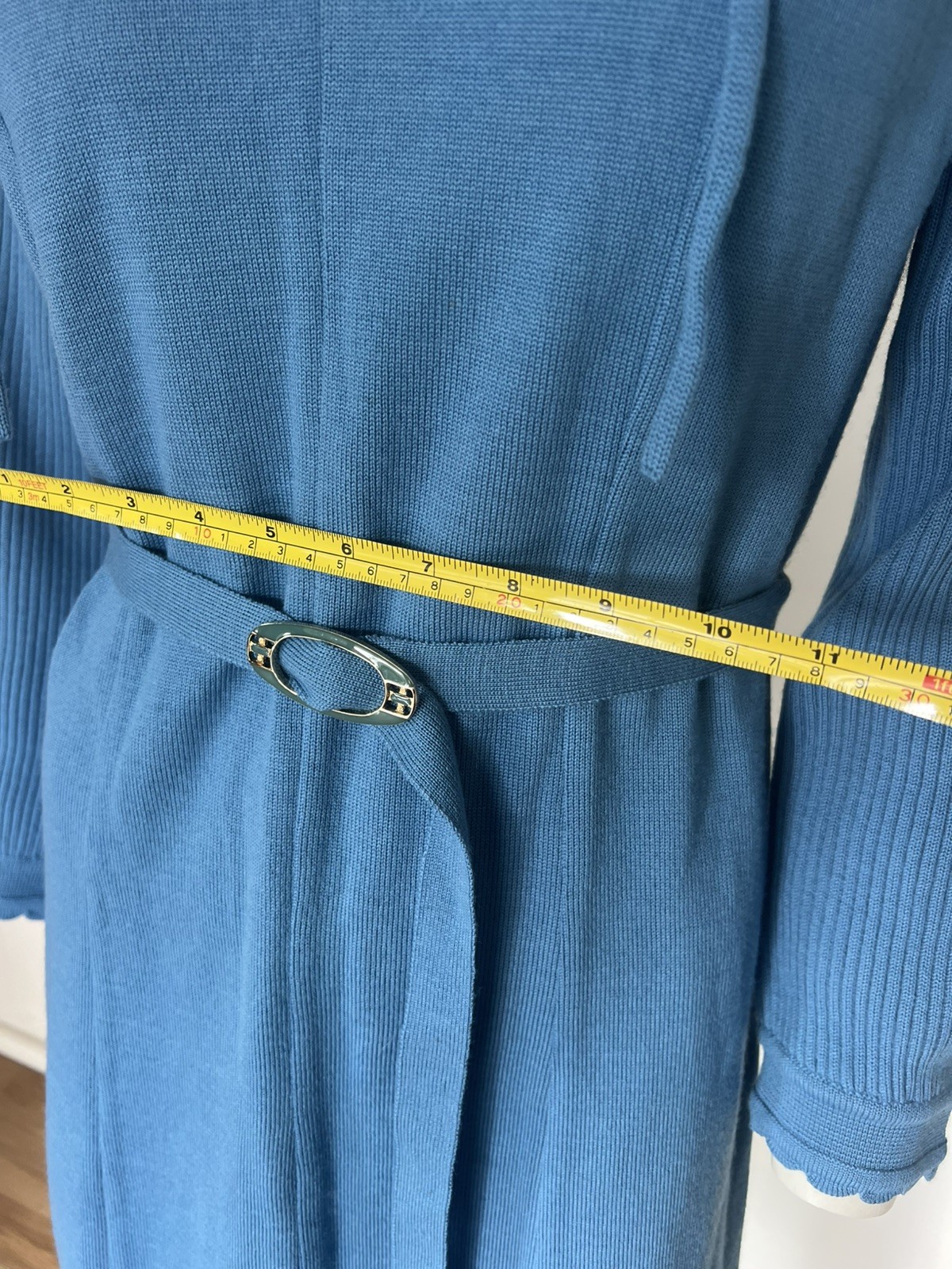Vintage 60s 70s Le Donna Sky Blue 100% Wool Knit Stretch Belted Dress Hong Kong