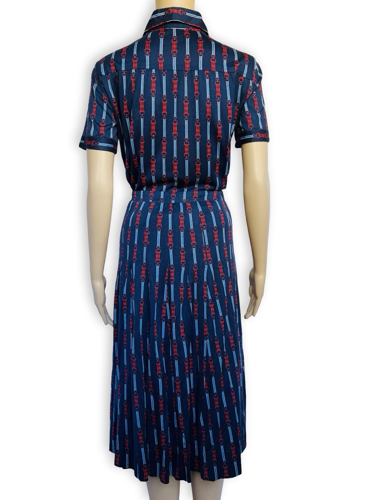 Vintage CÉLINE 1970s Equestrian Print Cotton Dress Two Piece Blouse Skirt Set XS
