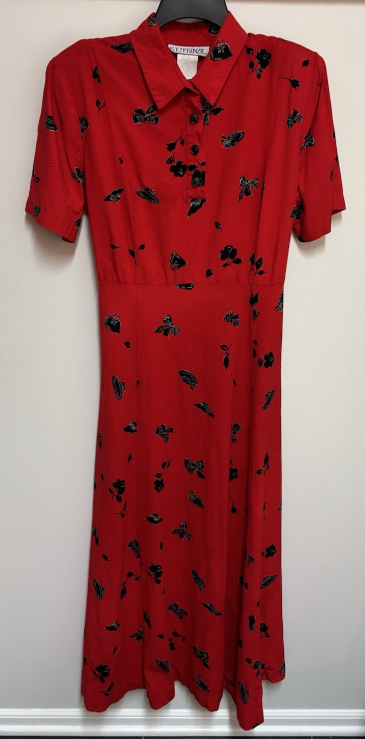 Vintage K.T Mckenzie Red w/ Black Roses Bows Hats Long Dress Whimsy 16T Tall