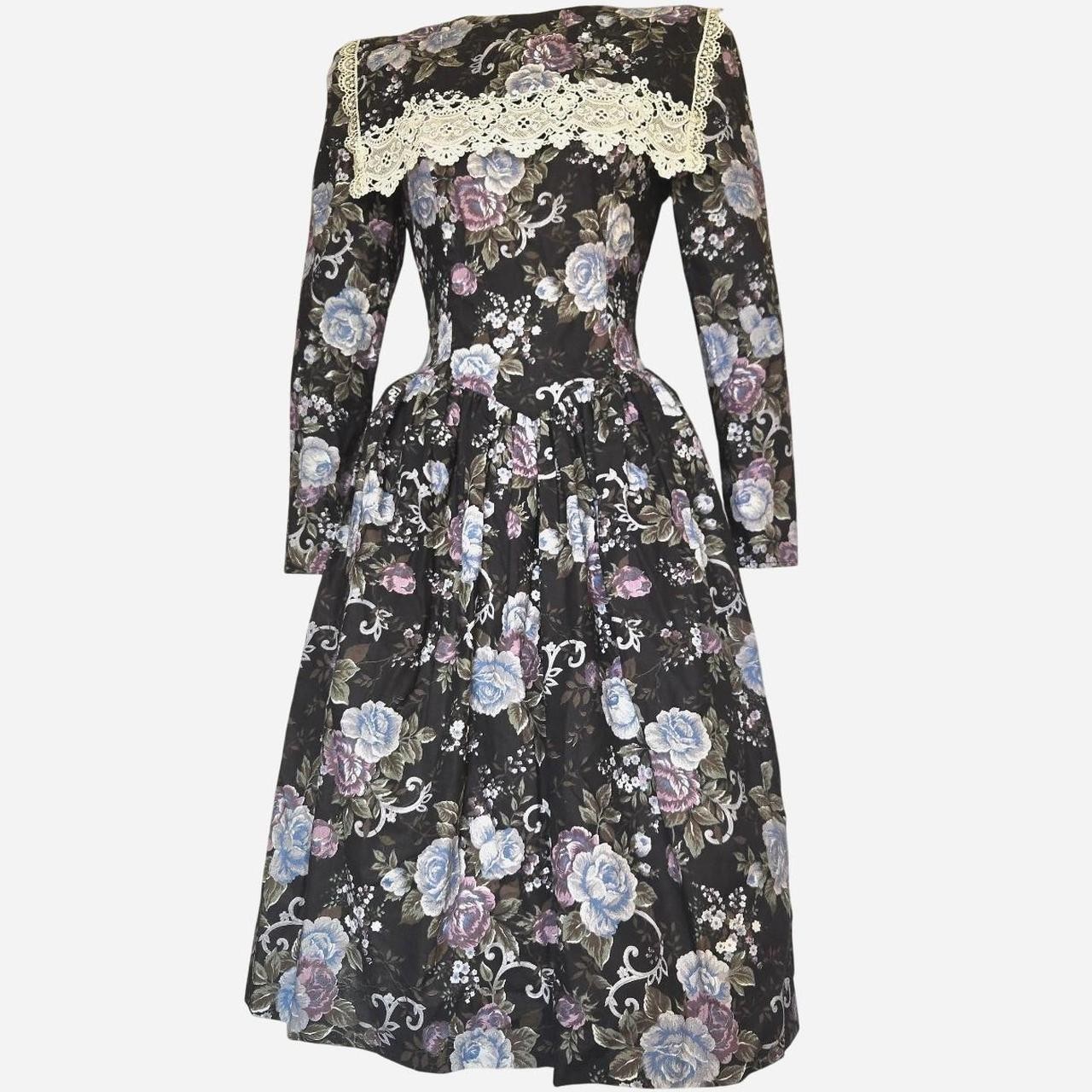 Gunne Sax 1980s Victorian Revival Floral Midi Dress in Black Floral Basque Waist