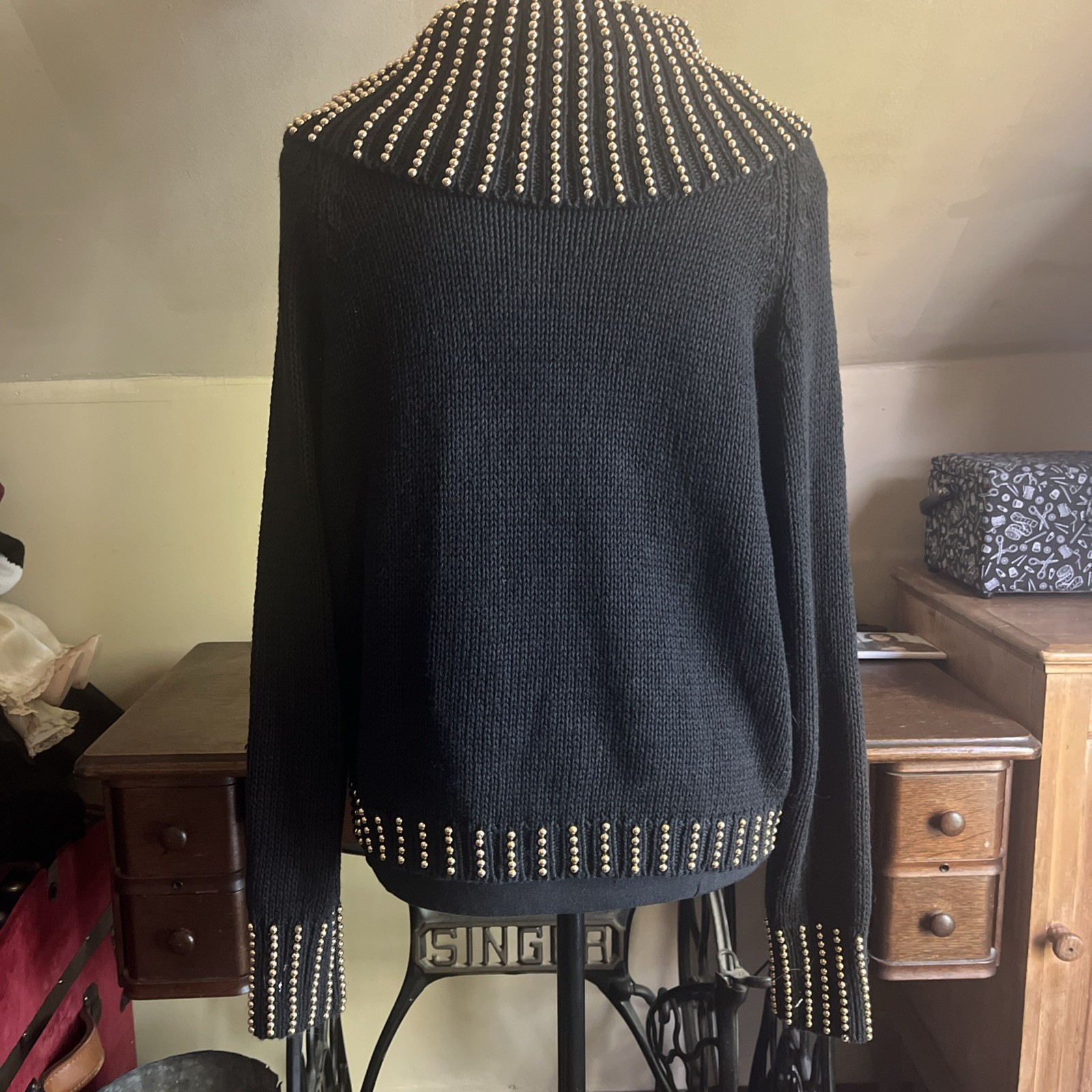 Vintage Marnie West Beaded Sweater Black And Gold Cotton/Ramie Medium