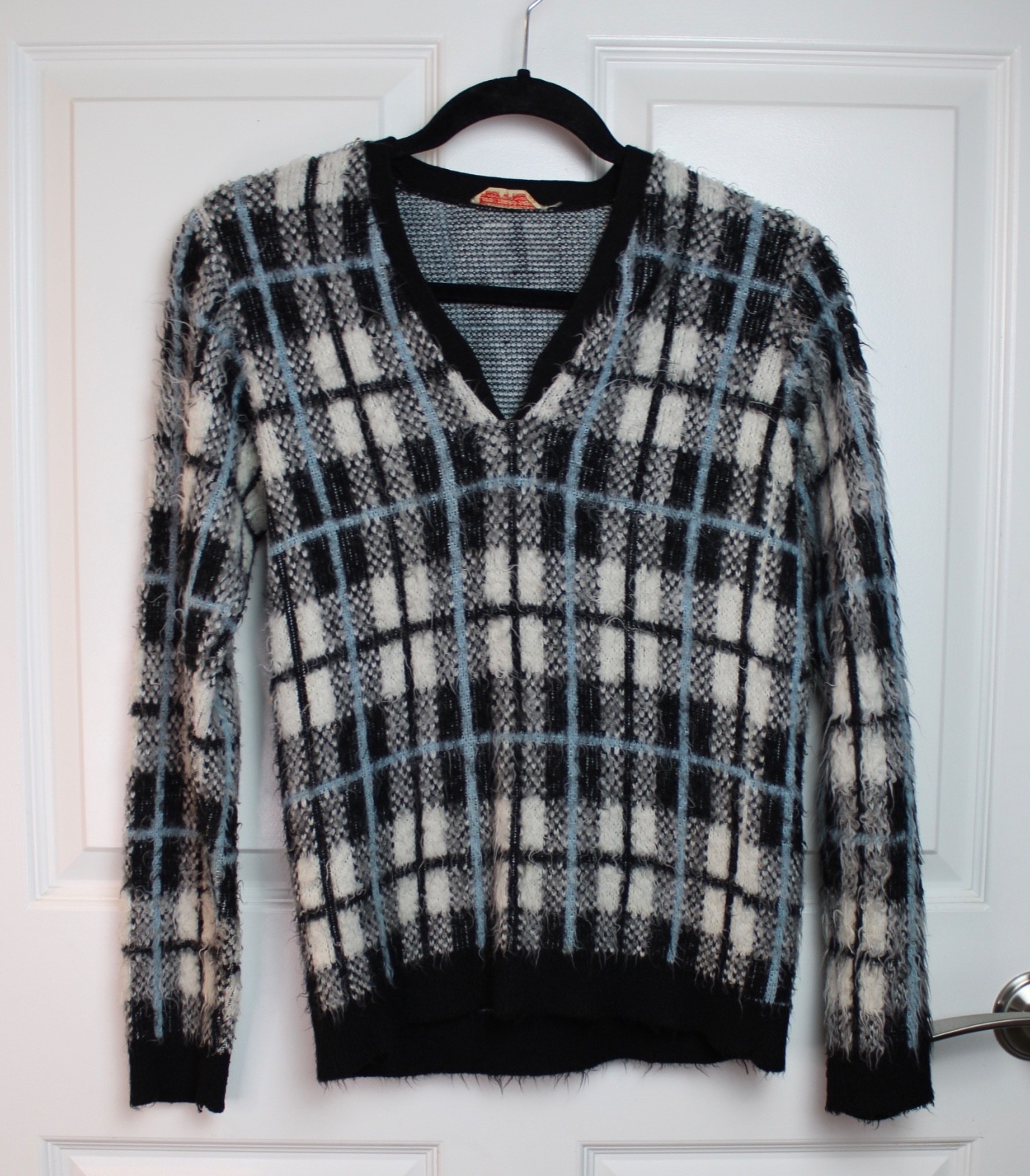VTG Mid-Cent Turbo Orlon Made in England Faux Fur Sweater Multicolor Plaid XS/S