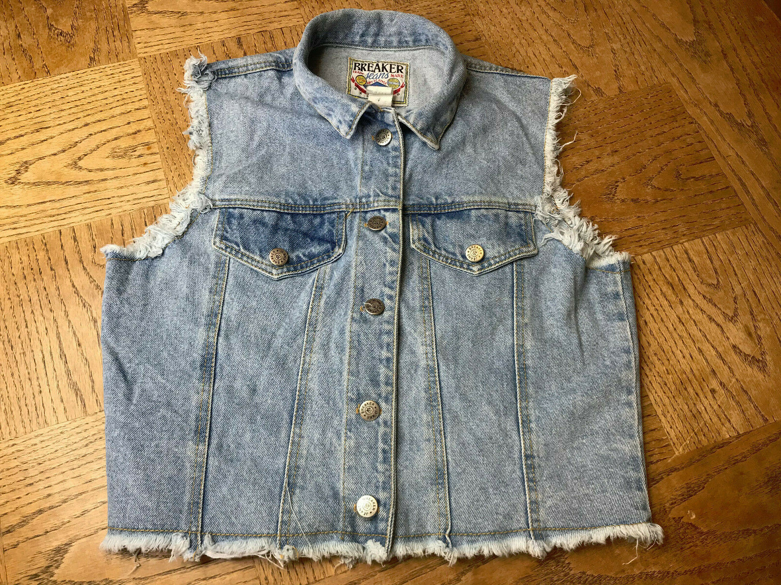 Vintage Breaker Jeans Denim Vest Light Wash Cropped Pockets Large 90s Frayed