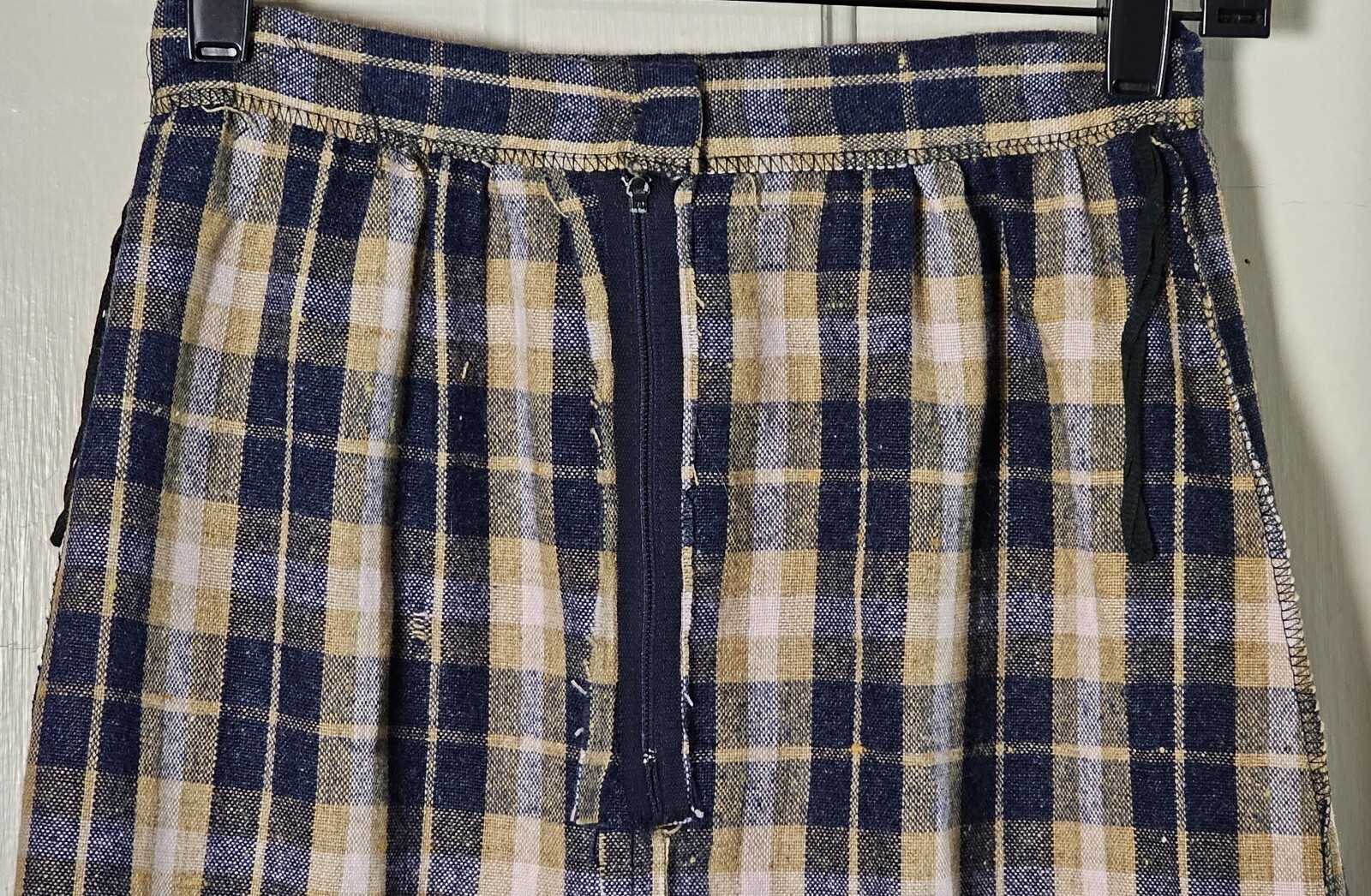 VTG 80’S Wool Pencil Skirt Women XS Blue Tan Pink Plaid Tartan Pleated Academia