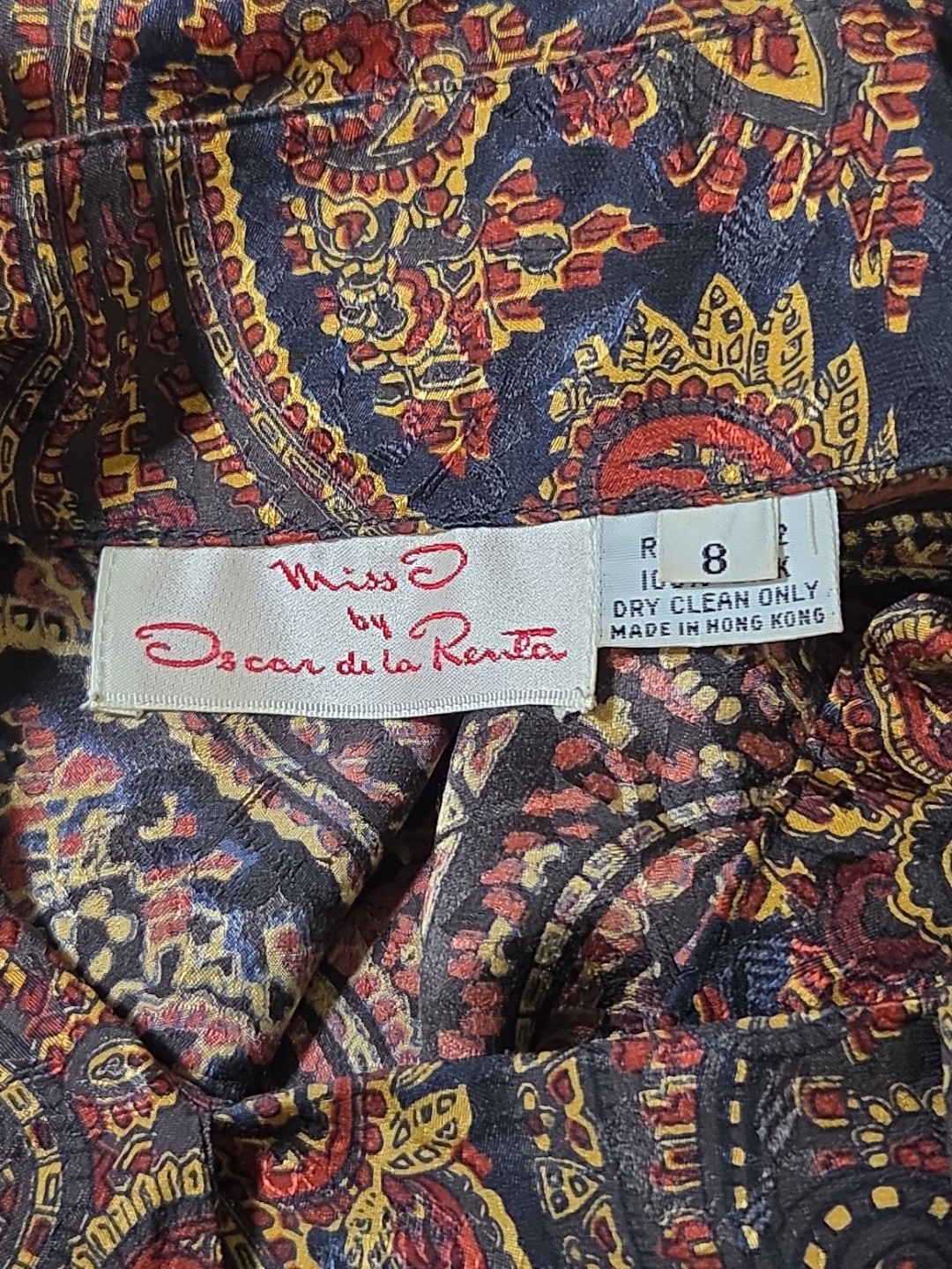 Vtg O By Oscar De La Renta 100% Silk Paisley Tie Neck Dress Skirt Blouse Set