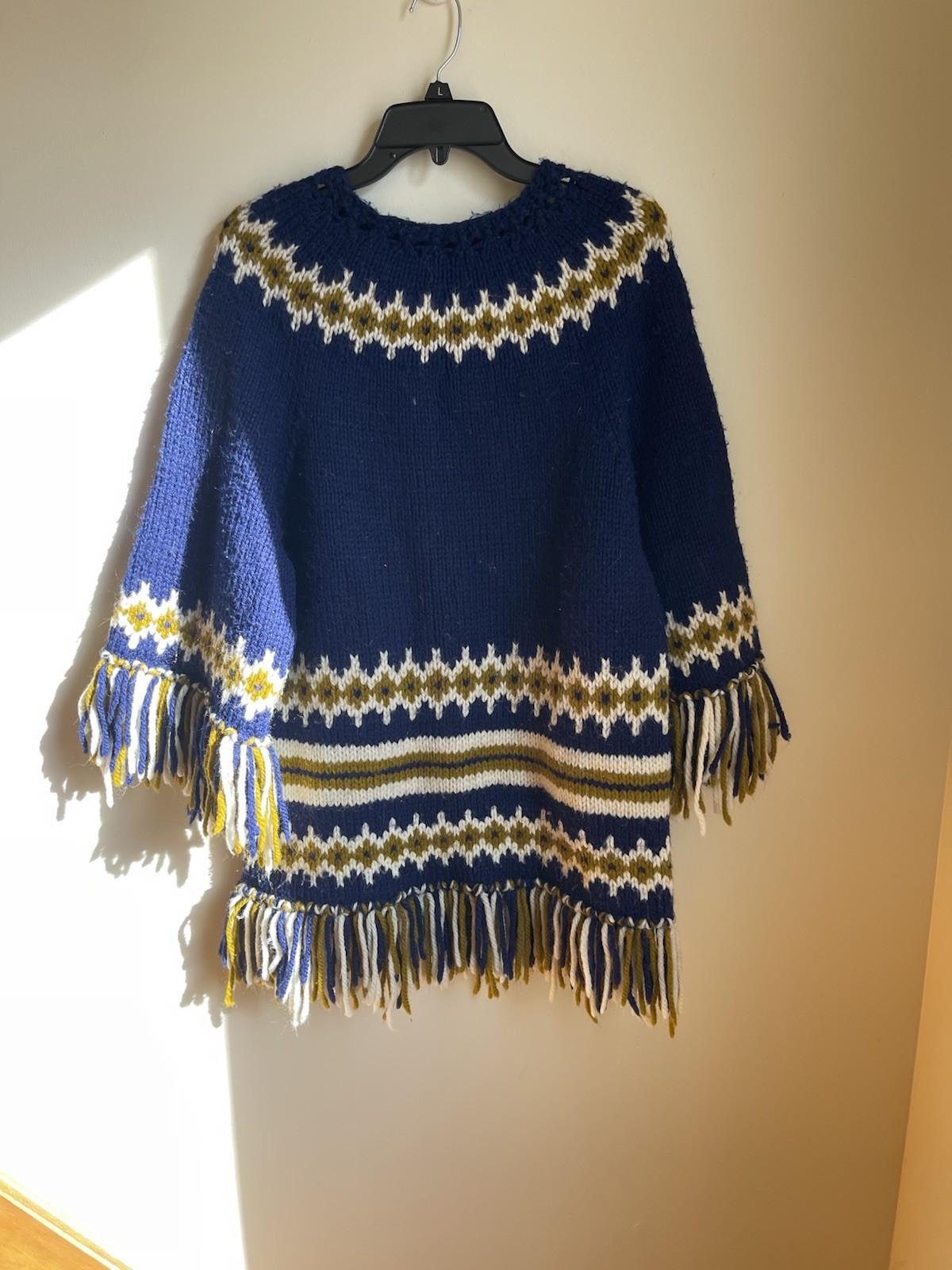 Vintage Knit Poncho Blue Yellow and Cream with Fringe Western Style Size M/L