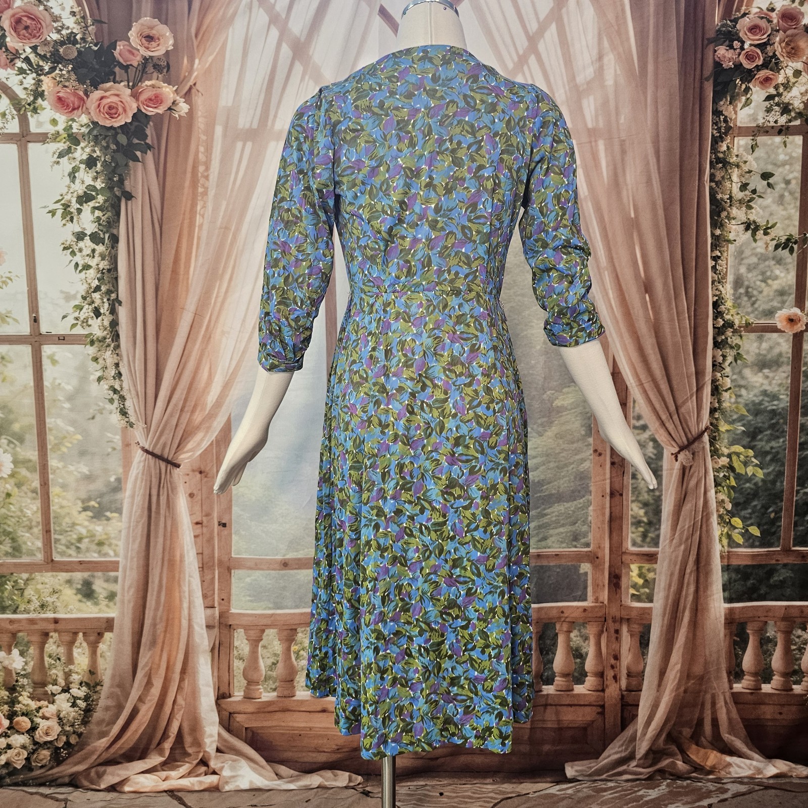 Vintage 1960’s Dress Blue Green Purple Floral Rounded Collar Necktie Retro