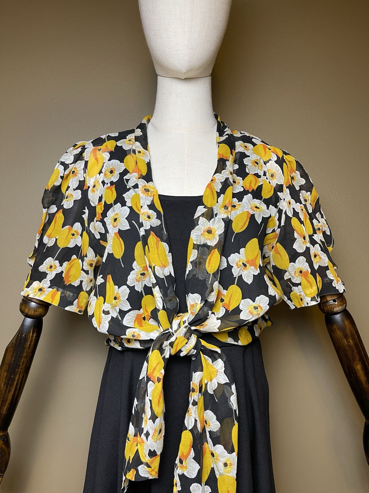 Vintage 1960s Sheer Black Floral Daffodil Print Italian Tie Front Blouse Coverup