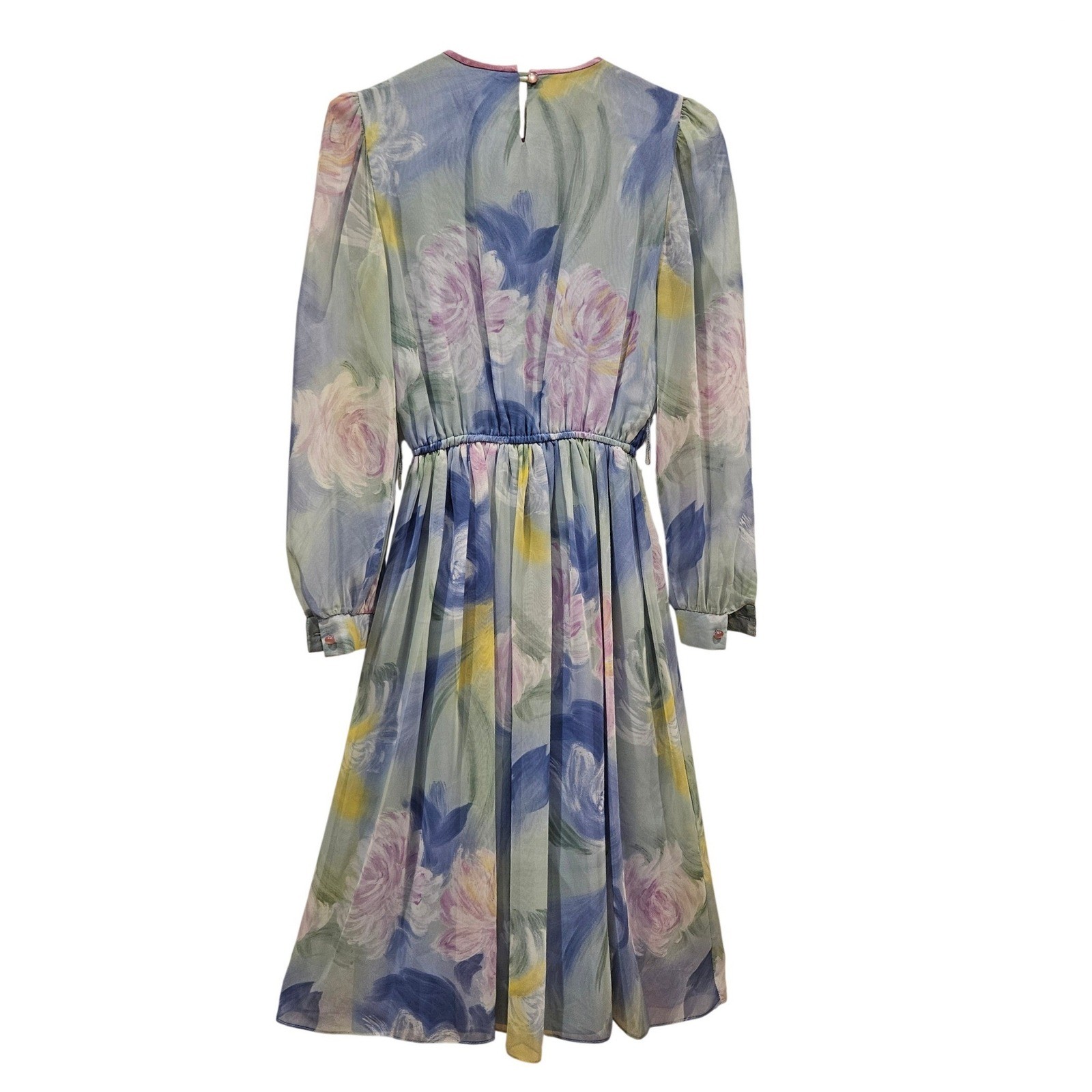 Vintage Lisa Michaels Floral Pleated Midi Dress Blue Lavender Size 8 Made in USA