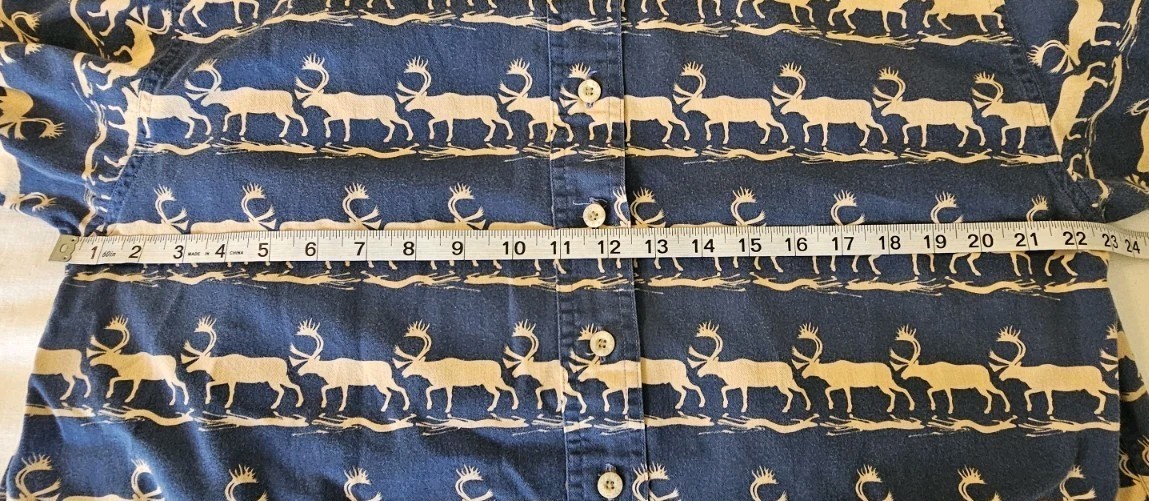 Vtg Barn Fly Casual Button Up Shirt Womens Size L Navy Elk All Over Pattern