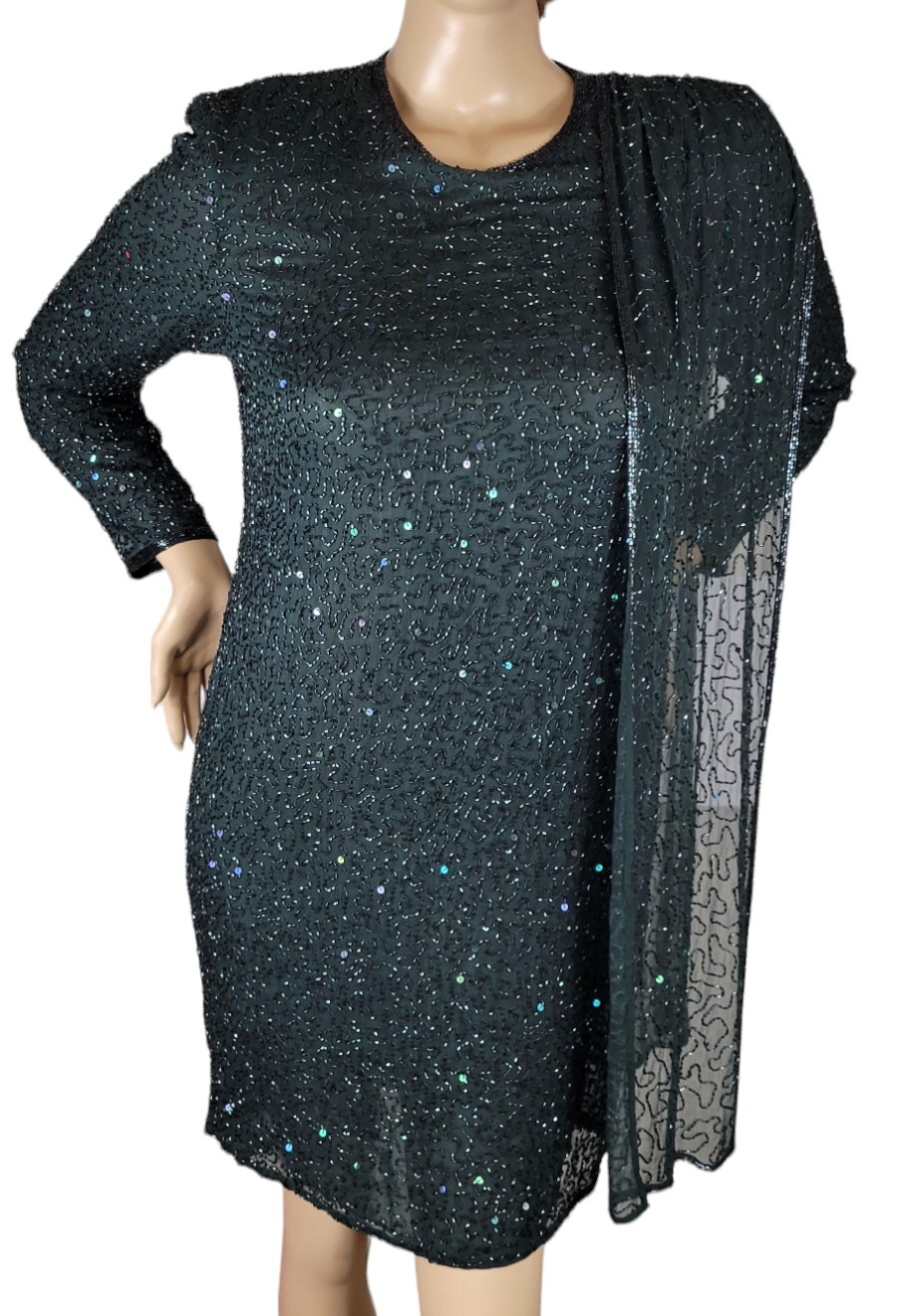 Vintage Judith Ann Creations Hunter Green Beaded Sequin Cocktail Evening Dress L