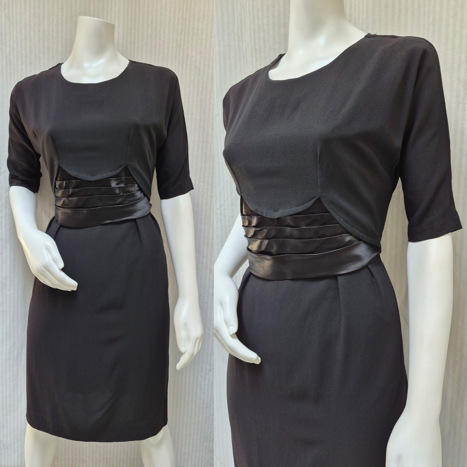 Vintage 1940/50s LORA LENOX Black WIGGLE DRESS w Satin Trim – Size S/M