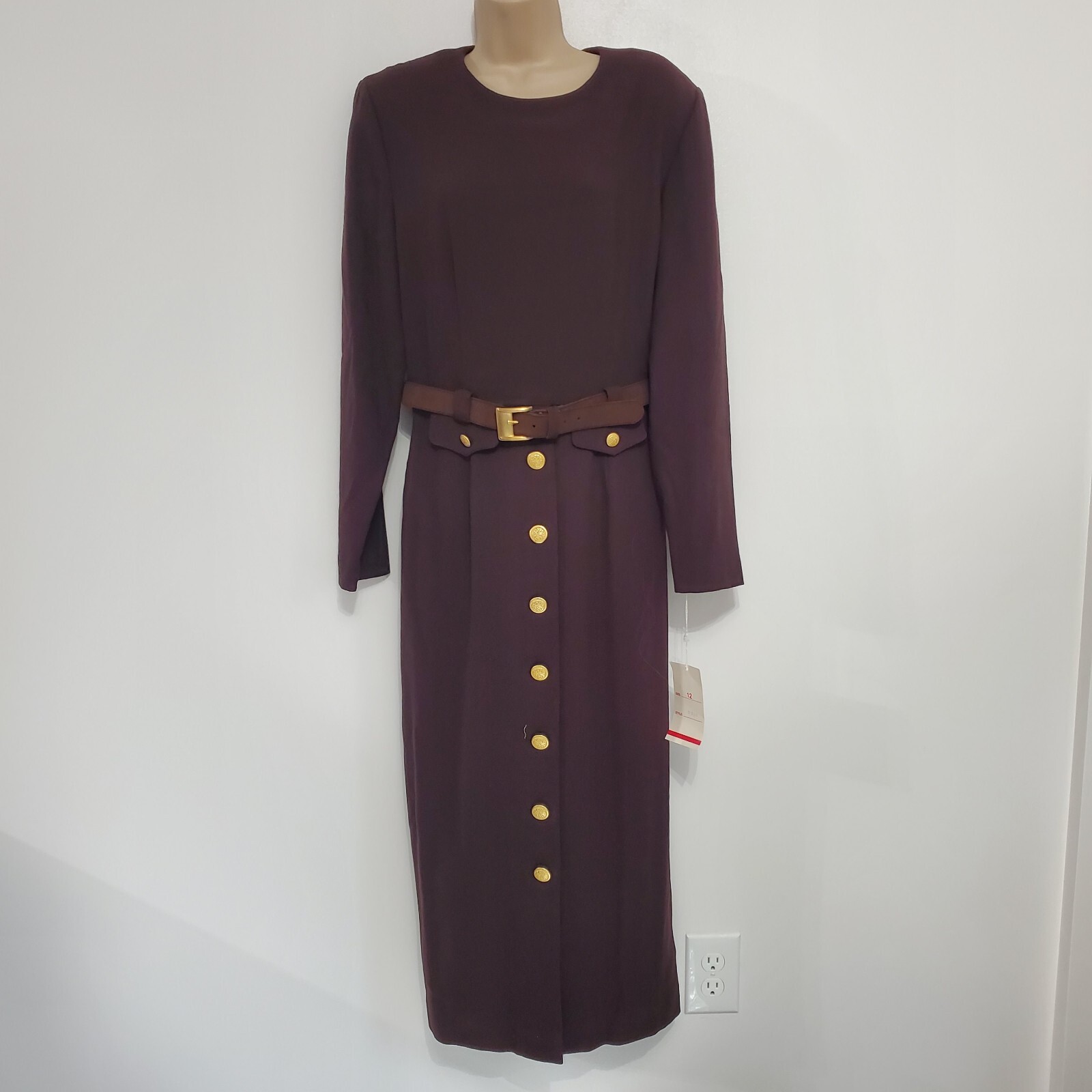 Vintage Oberon Wool Mocca Brown Belted Dress Gold Buttons Desinging Women