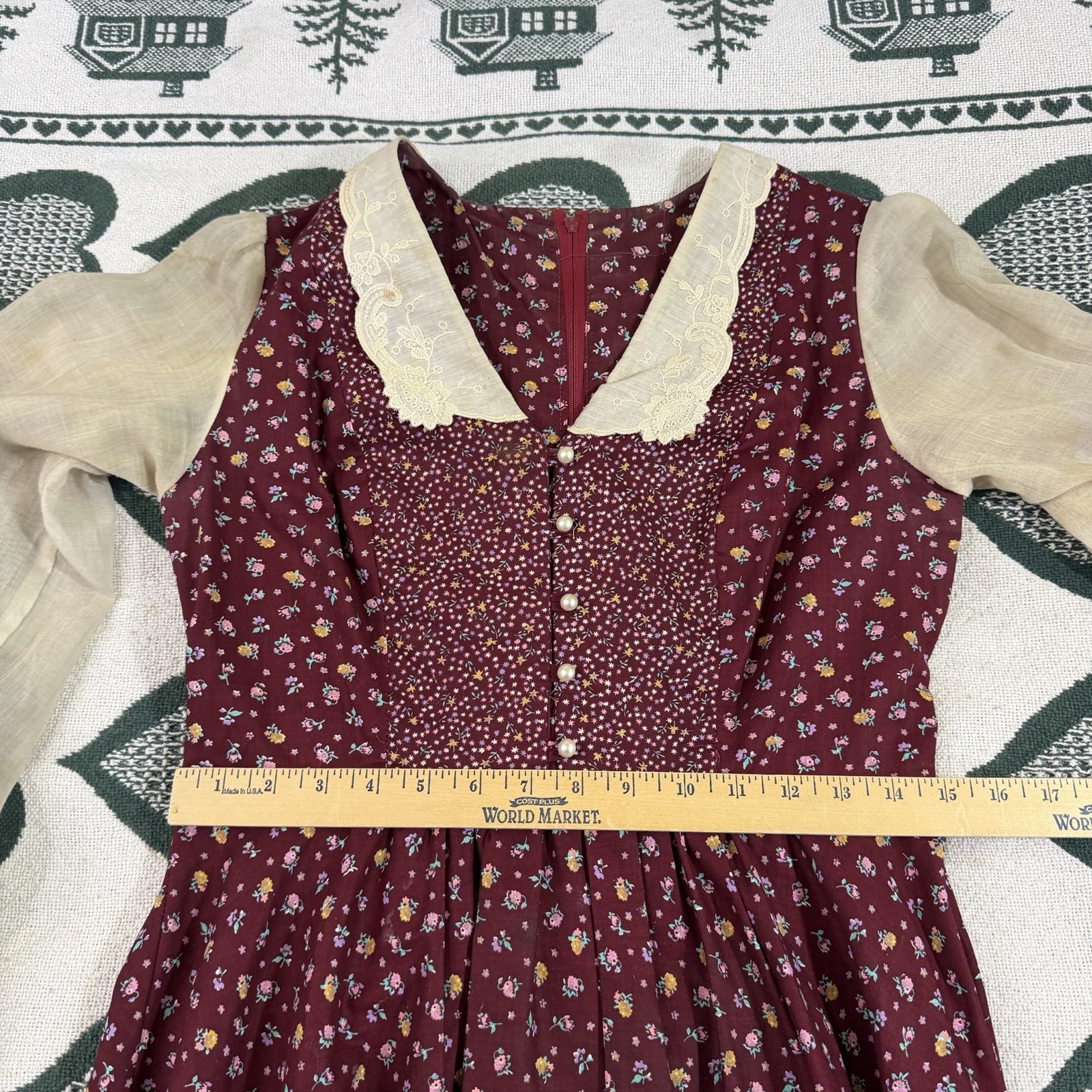 Vintage 70s 80s Prairie Midi Dress Women’s S/M Red Cream Floral Cottage Core