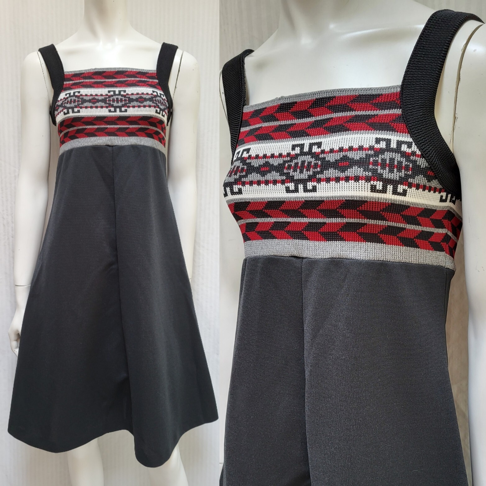 Vintage 1960/70’s Black Red Gray Geo Aztec Knit A-Line Dress – Size XS – EUC
