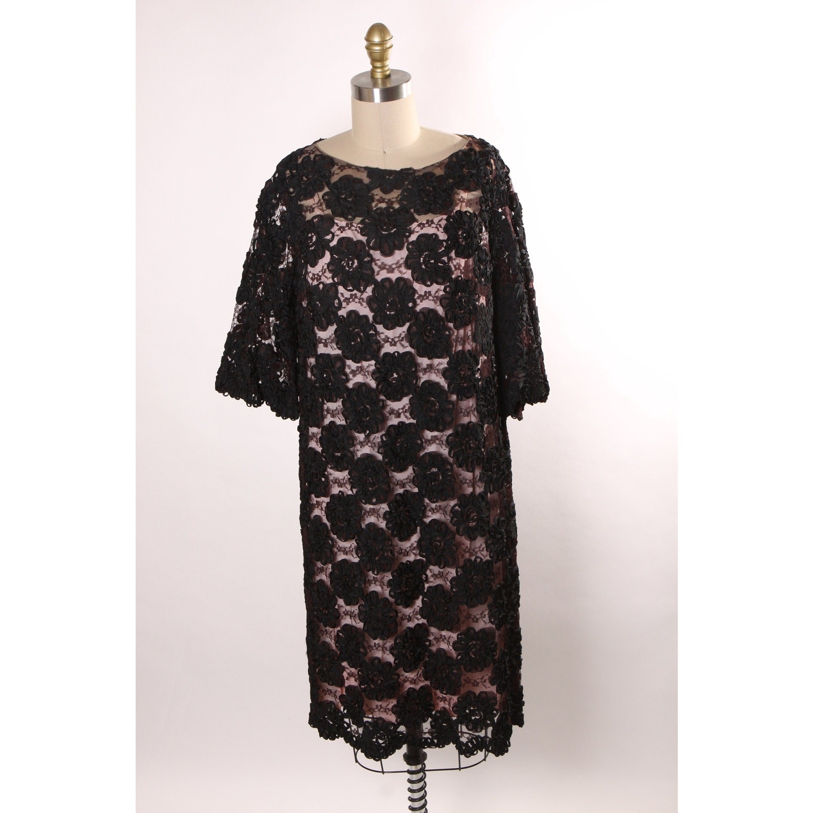 1960s Sheer Black Floral Lace Overlay Dress with Two Slips in Pink and Black